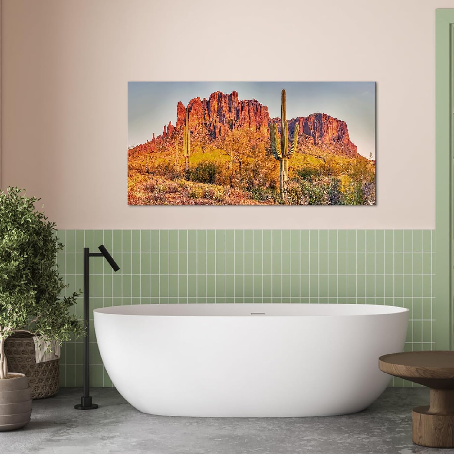 YeiLnm Desert Cactus Artwork Canvas Wall Art Southwestern Pictures Superstition Mountains Print on Canvas 24x48 inches