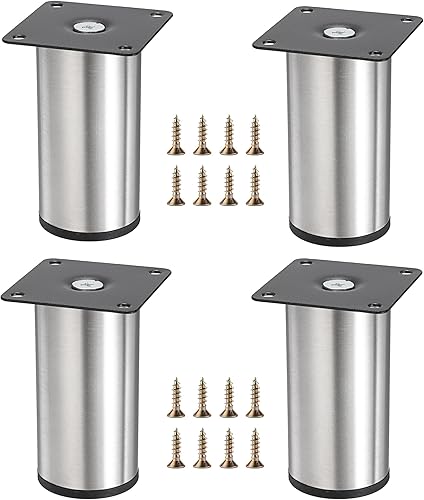 OwnMy 4 patas de muebles de acero inoxidable de 4 pulgadas, patas de metal para escritorio, elevadores de muebles de metal redondo plateado, patas