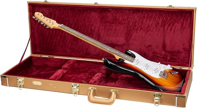 Crossrock Rectangular Wooden Electric Guitar Case for Fender Stratocaster & Telecaster | Luxury Gold Faux Leather, Burgundy Velvet Interior, Lock Designer SeriesCRW520ELG