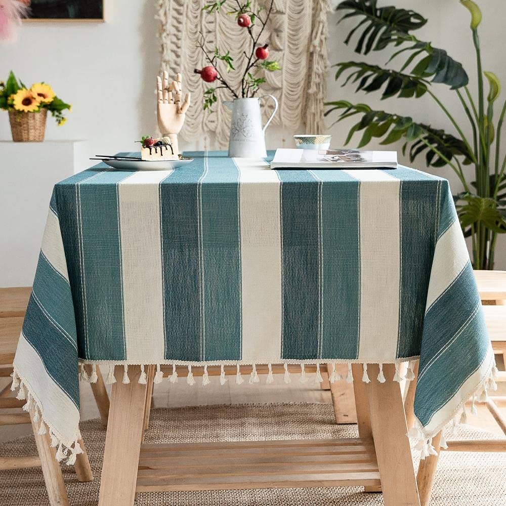 Linge De Table 1 Pièces Nappe À Rayures Coton Et Lin Gland Machine À Laver Cache-Poussière Table Basse Couverture Serviette Nappe Bleu Clair 140X360Cm