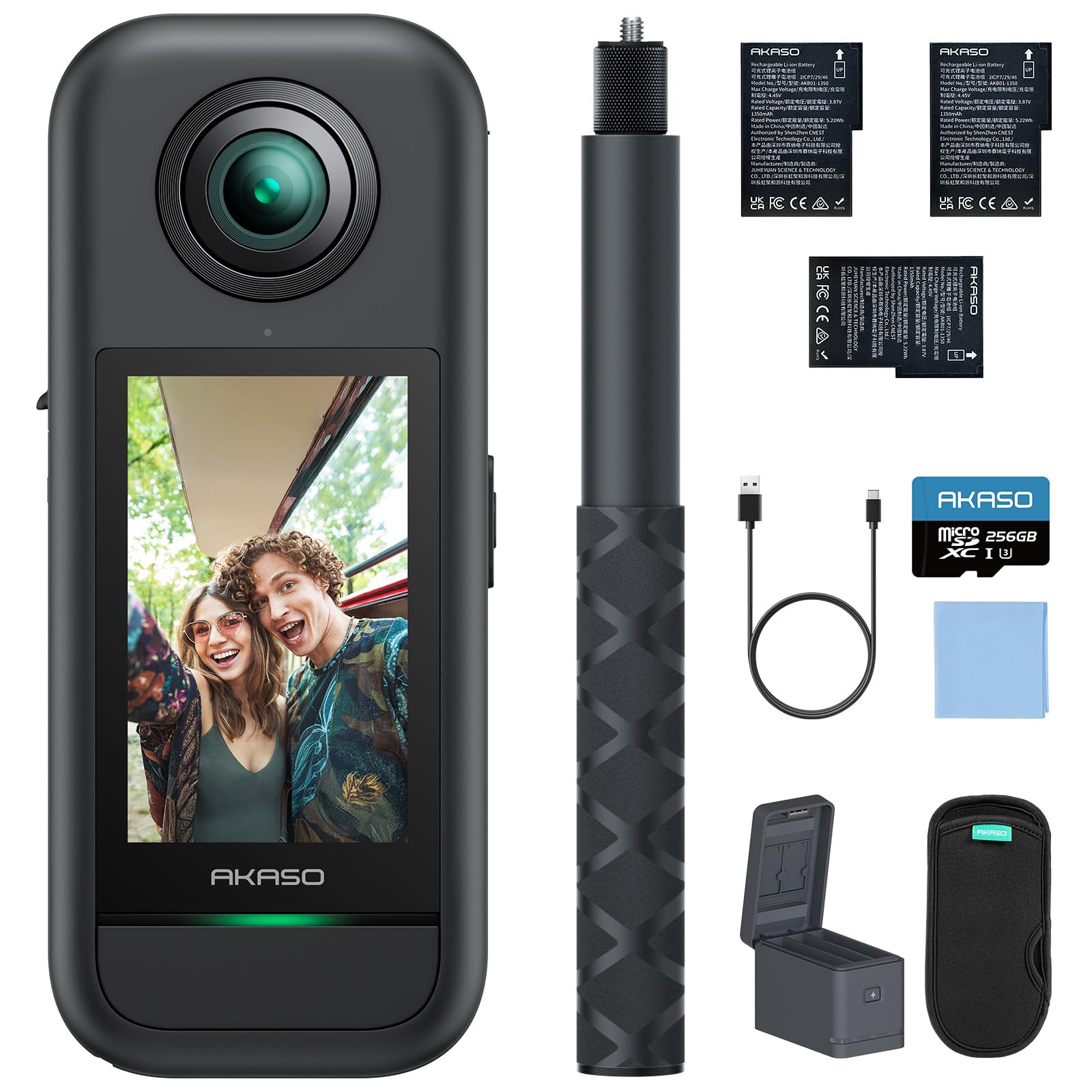 AKASO 360° Action Cam Creator-Set 5.7K con Scheda 256GB, Foto 72MP, Doppio Sensore 1/2" 48MP, Horizon Lock, Touchscreen 2.29", AI Tracking, Effetto Selfie Stick Invisibile, Stabilizzazione SuperSmooth