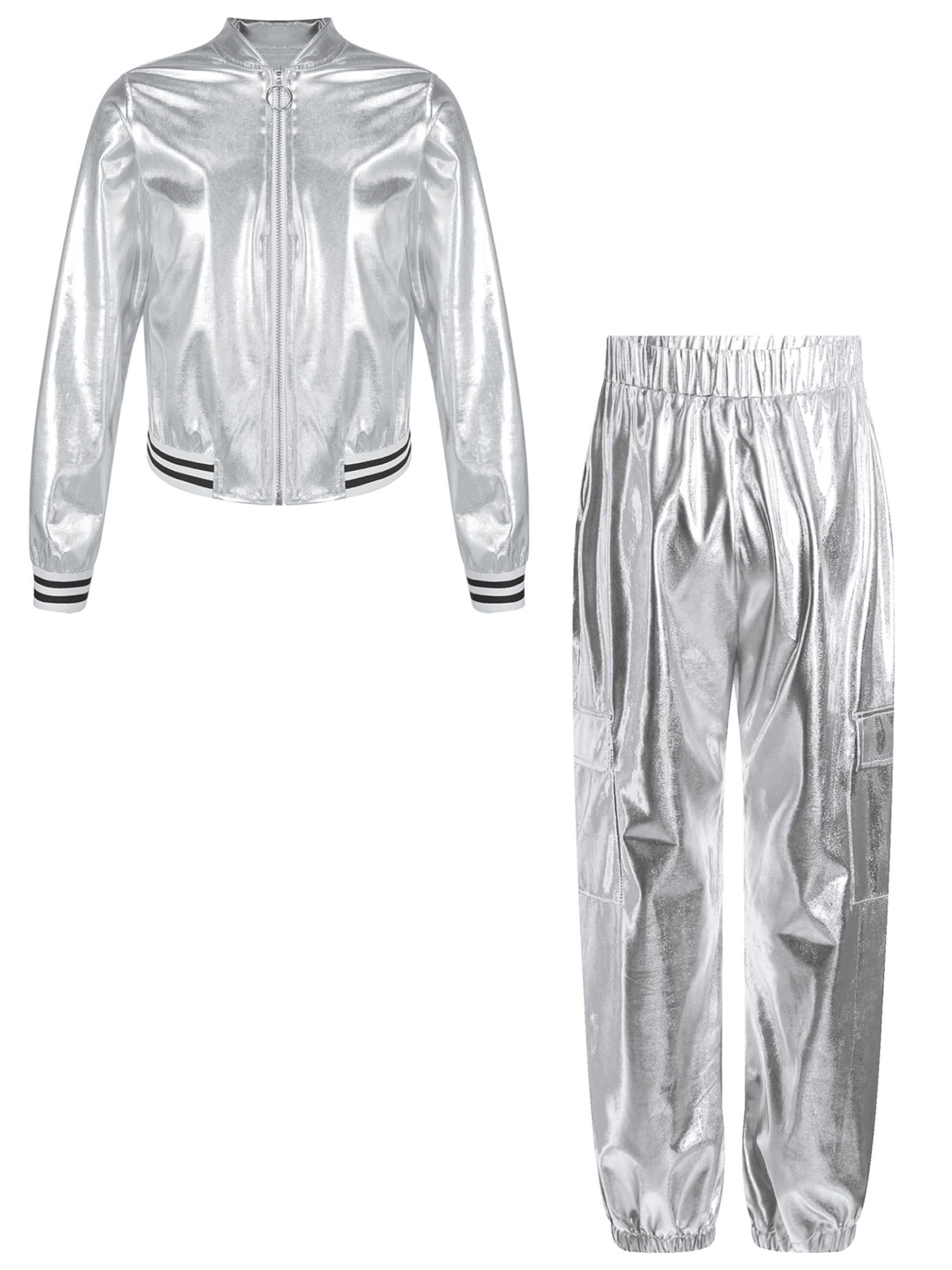 Traje deportivo metálico niña manga larga pantalón holográfico años 70 80