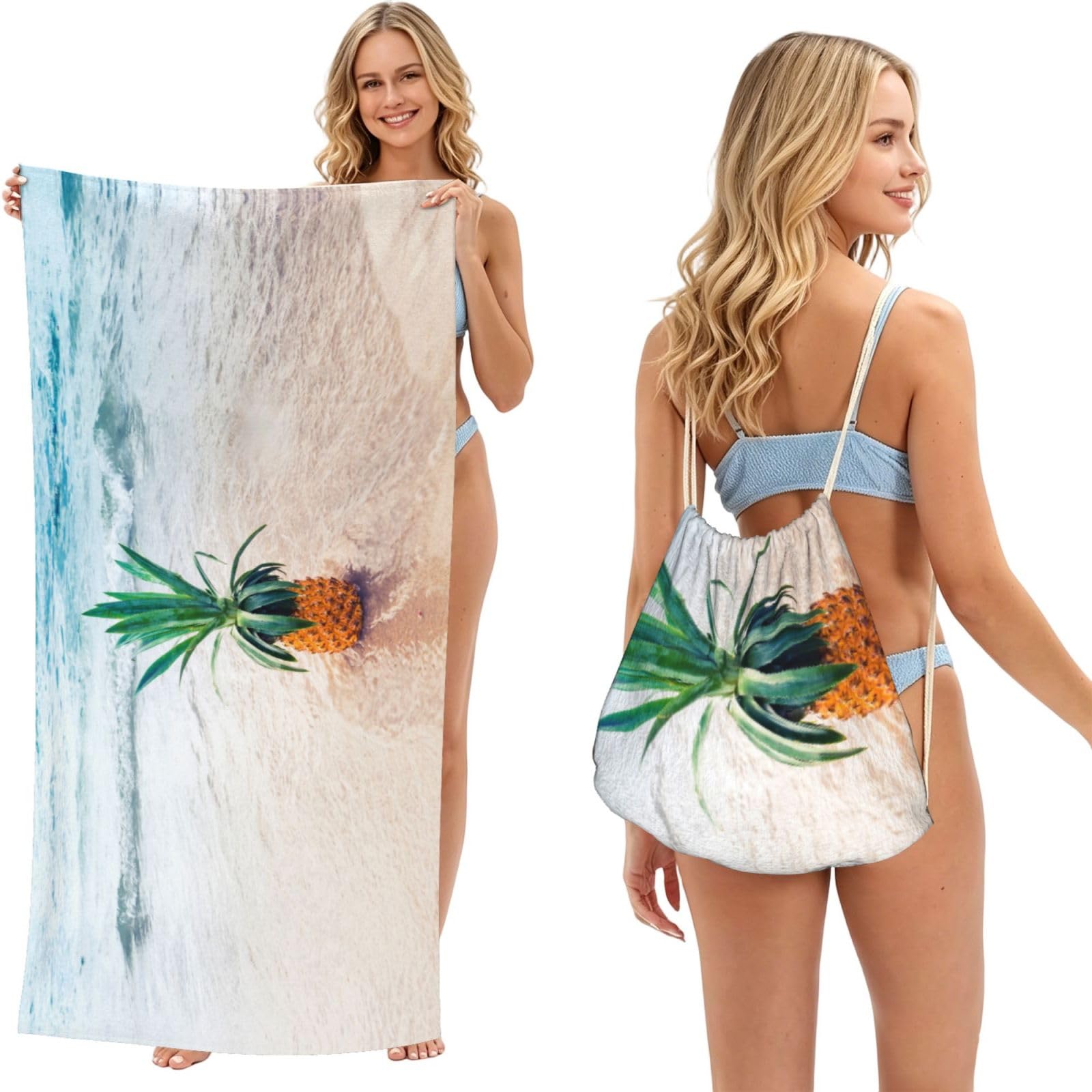 SATUSA Pineapple By The Sea Print 2-In-1 Foldable Beach Towel Backpack â€“ Camping, Yoga And Travel,Bath Towel With Built-In Storage, Convertible Beach Mat & Carry Bag