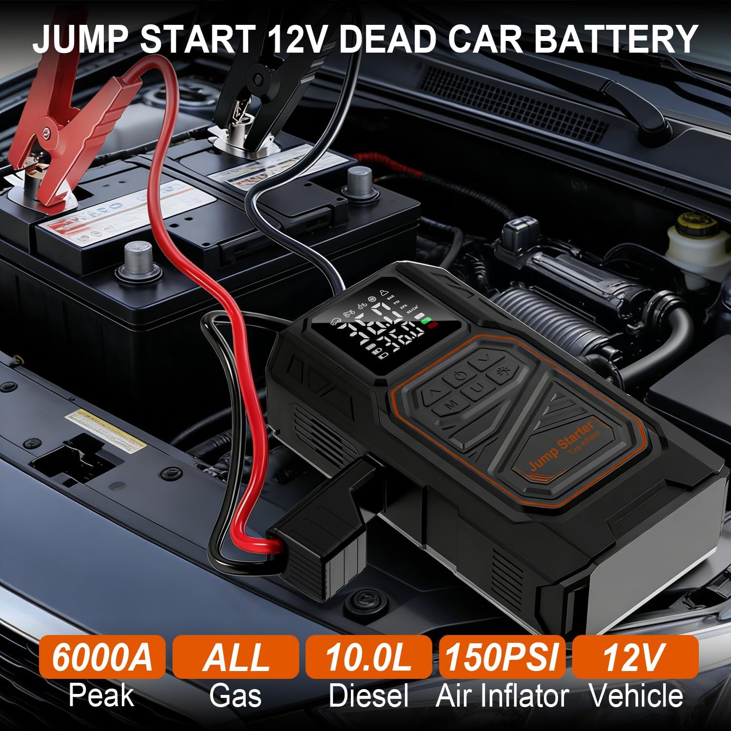 Jump Starter with Air Compressor, 6000A Car Battery Jumper Starter Portable(All Gas/10.0L Diesel), 150PSI Tire Inflator Air Pump, 12V Jump Pack, Car Emergency Kit, Car Gift for Man