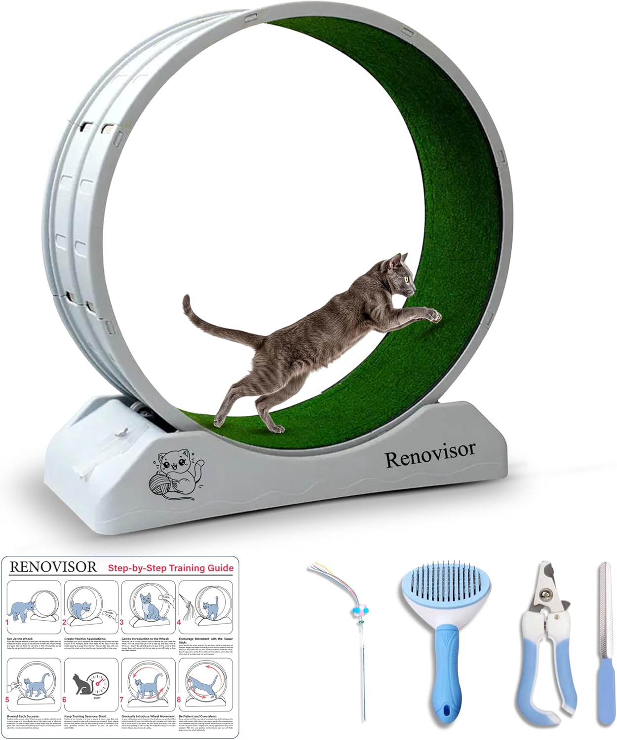 Cat Wheel – 31.5” Lightweight Pet Wheel Offers Effortless Assembly – Durable Cat Treadmill for Indoor Felines to Exercise/Play/Improve Health – Bonus Feather Toy and Grooming Kit – Grey