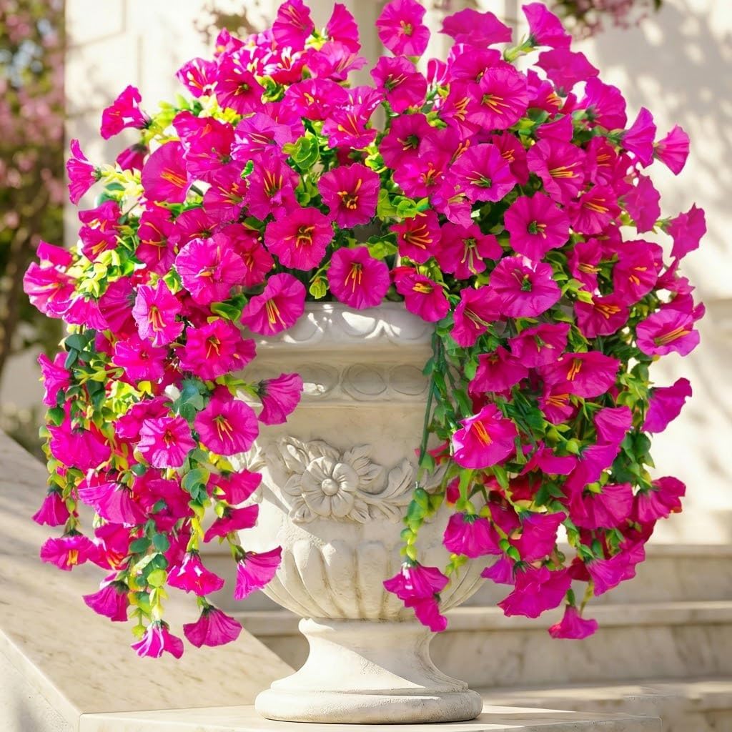 Ivydale 2 PCS Artificial Hanging Flowers Fake Plants Outdoor,Silk Morning Glory Faux Flowers with Eucalyptus Leaves,UV Resistant Realistic Hanging Petunias Plants for Home Garden Decor (Fuchsia)