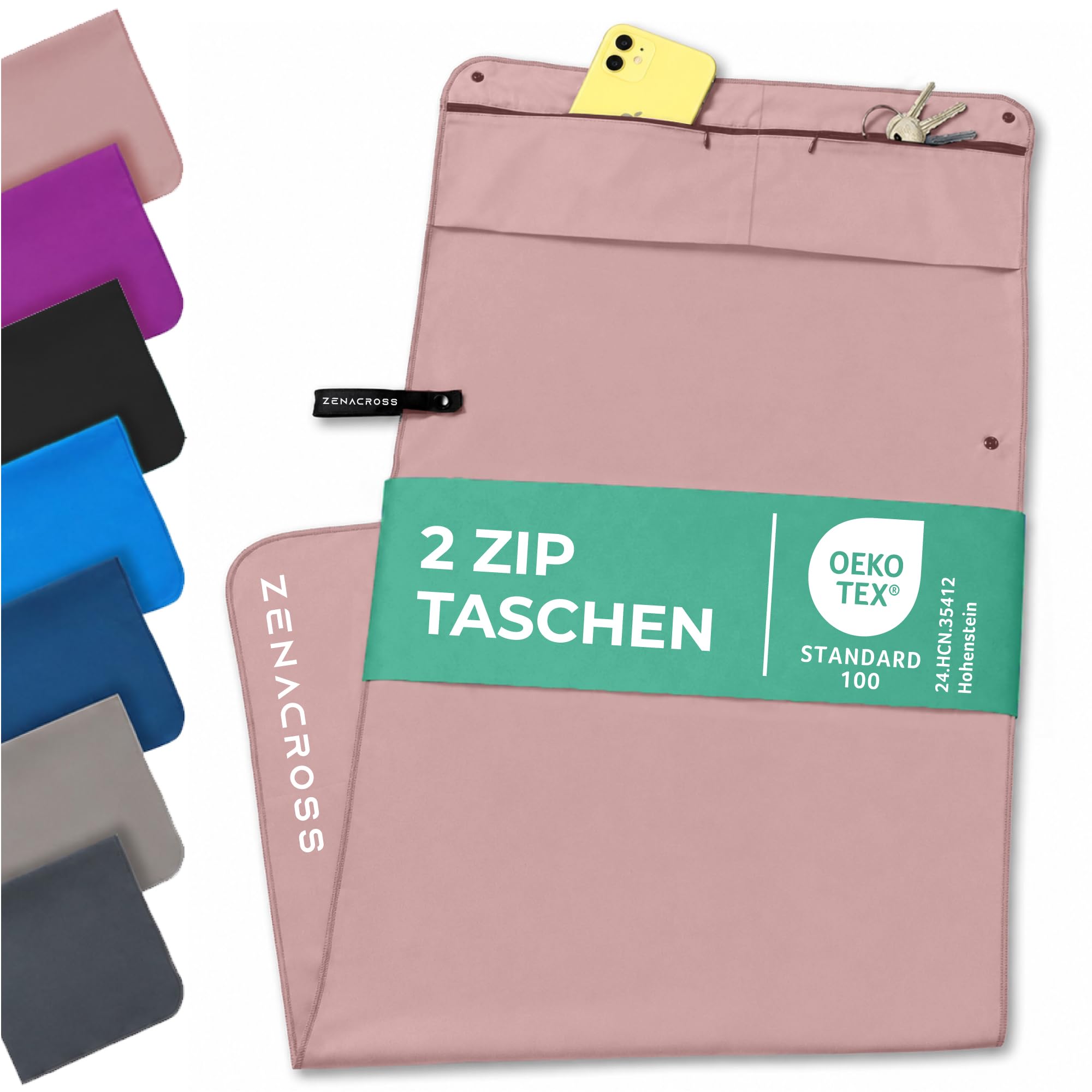 ZENACROSS Sporthandtuch Fitnessstudio aus Mikrofaser, Reißverschluss Tasche und Magnet | Gym Handtuch Kompakt, rutschfest & Schnelltrocknend | Fitness Handtuch Hellrosa, 130 x 48 cm