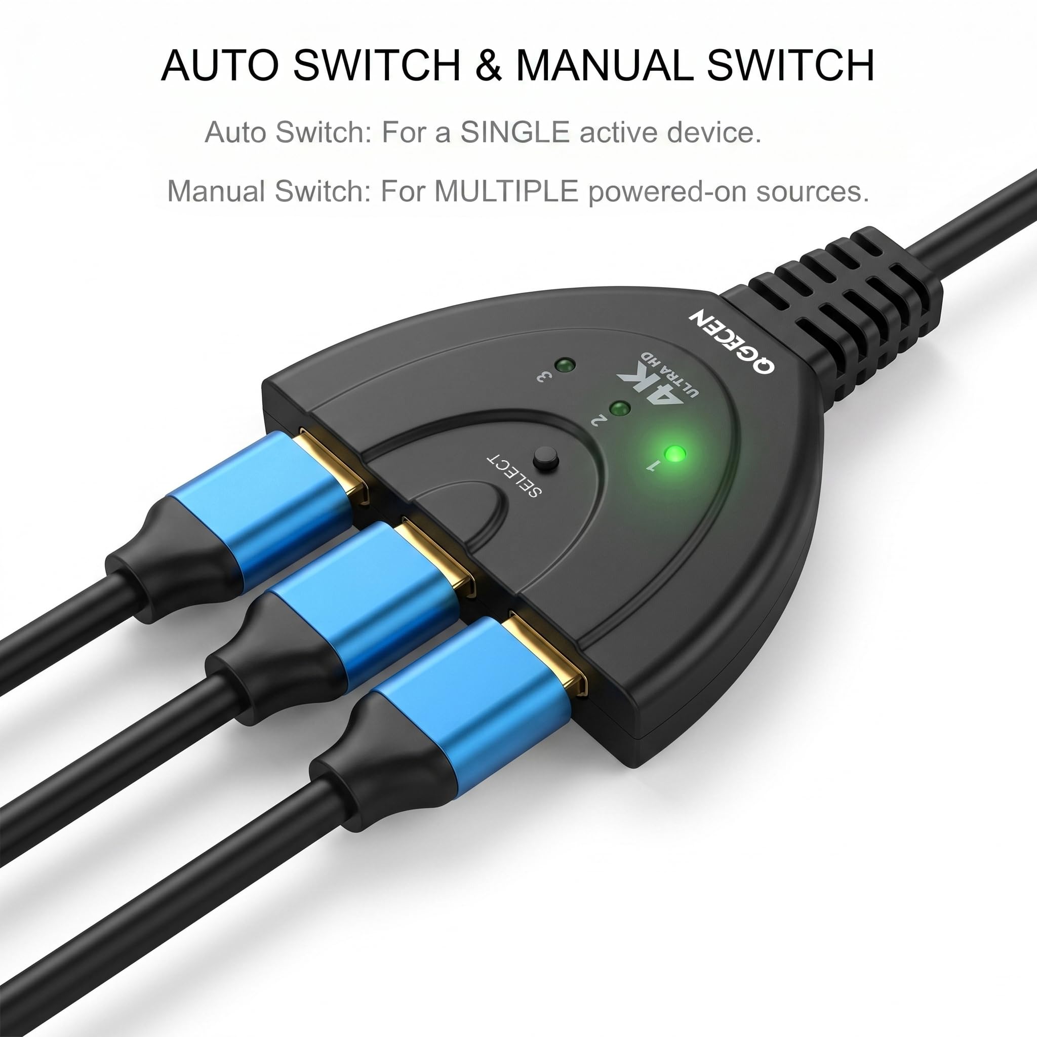 Switch HDMI 3 Porte, Commutatore HDMI 4K 30Hz con Cavo da 56 cm, 3 Ingressi 1 Uscita, Splitter HDMI Hub, Auto & Manual Switch, per PS4, Xbox, Sky Q, Fire Stick, Roku, PC, TV, Monitor