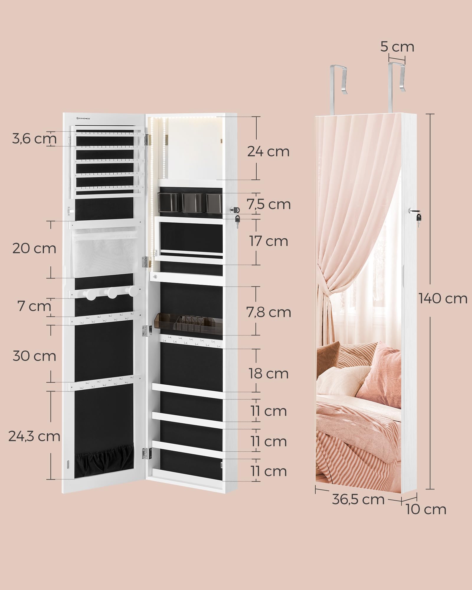 SONGMICS Szafka na biżuterię o wysokości 140 cm, organizer na biżuterię z podświetlanym lustrem wewnętrznym, szafka z lustrem montowana na ścianie lub drzwiach, zamykana, pomysł na prezent, chmurowa