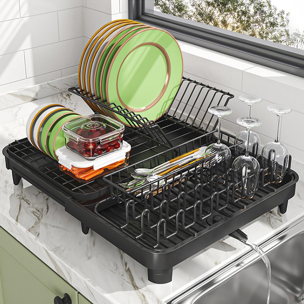 Escurridor de vajilla de cocina extensible, escurridor de vajilla de acero inoxidable con cesta para cubiertos y bandeja de goteo, escurridor de vajilla en fregadero con boquilla de drenaje giratoria