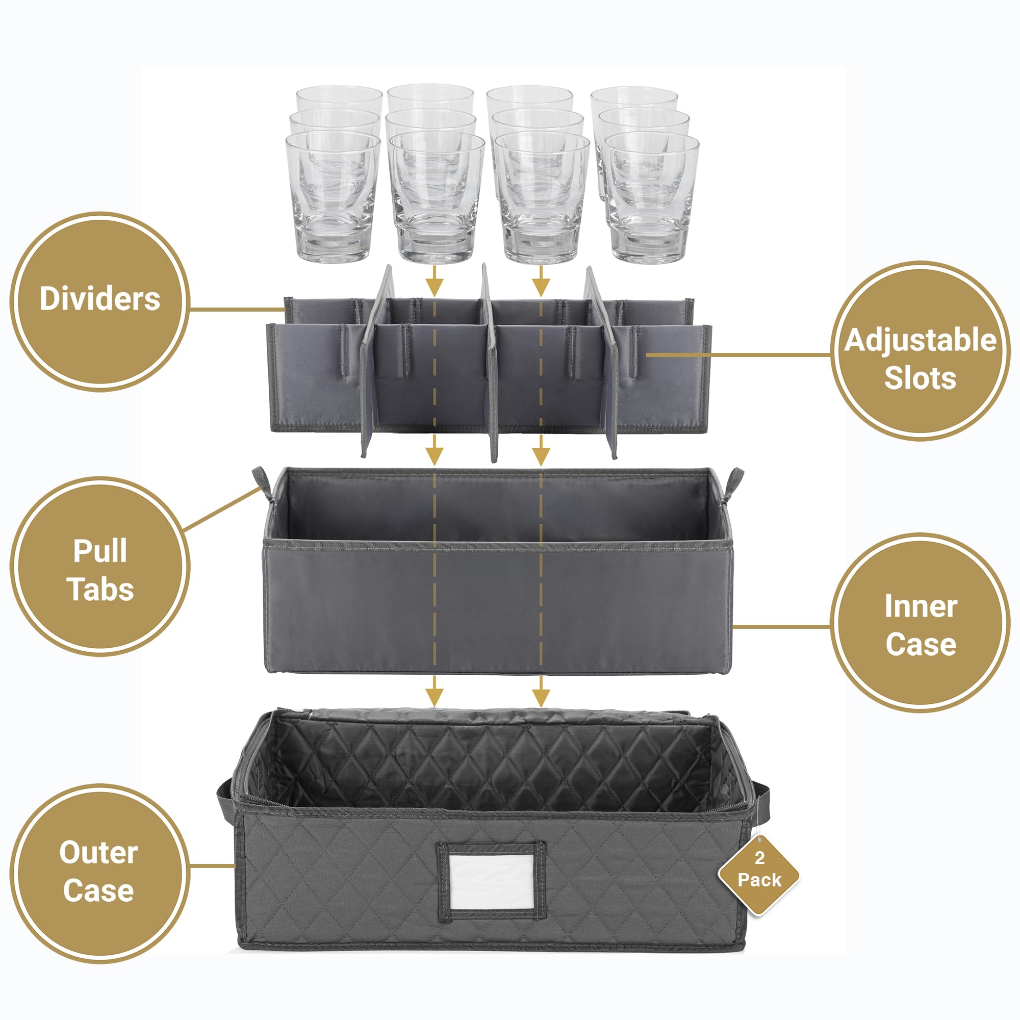 STOZU 2 Pack - China Cup Storage Chests Hold 24 Coffee Cups or Mugs – Stackable Glassware Organizer with Customizable Dividers and Inner Case for Extra Protection – Gray