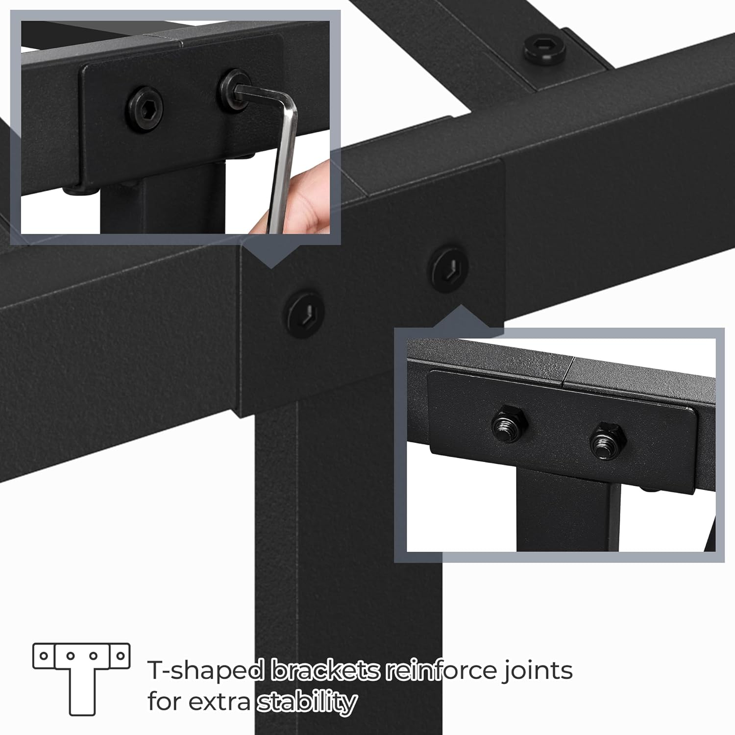 Close-up of T-shaped brackets and assembly with an Allen key