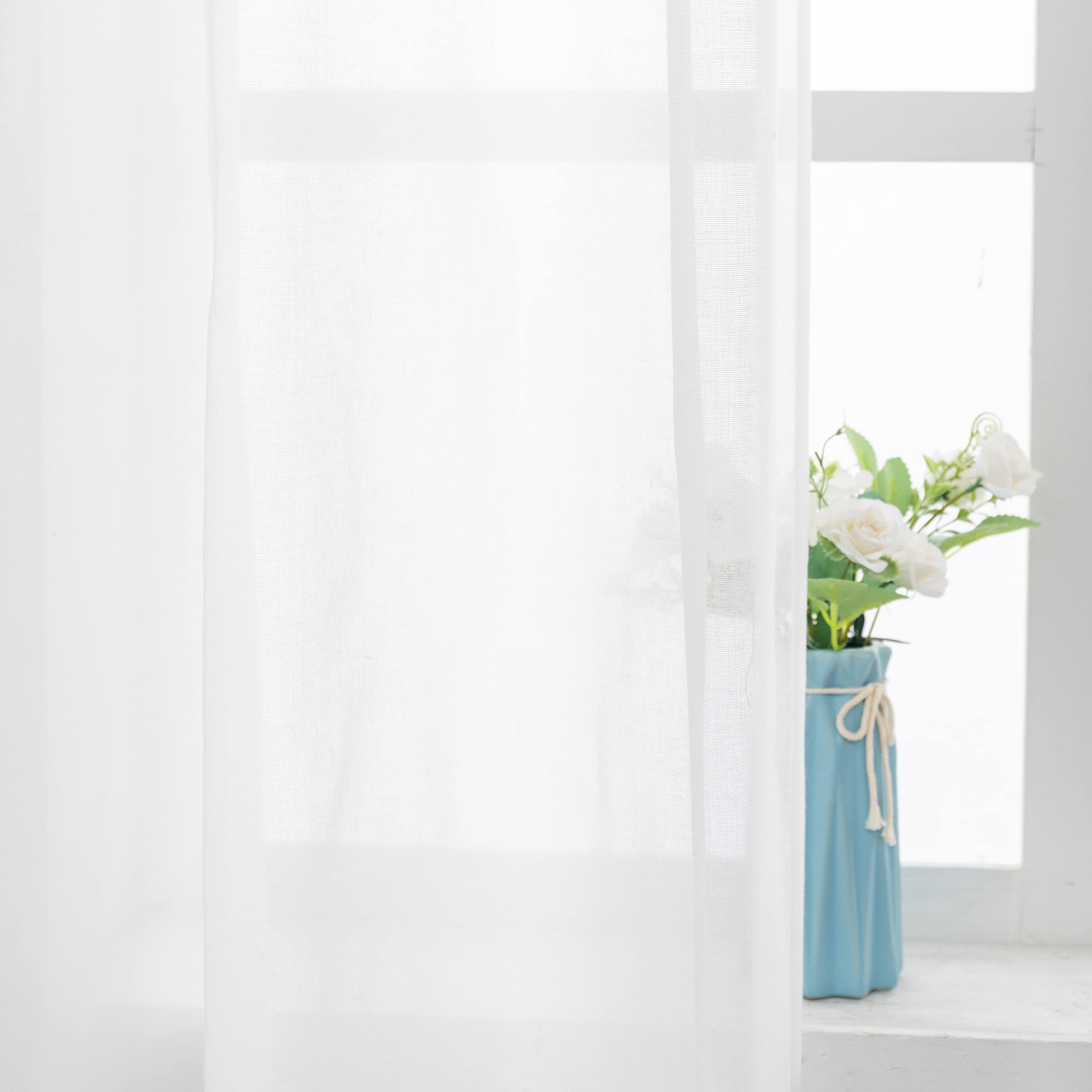 Paire de rideaux blancs semi-transparents avec ourlet supérieur beige imprimé rose, style shabby chic, pour salon, chambre à coucher, balcon, 2 panneaux avec œillets (beige, 140 x 280 cm)