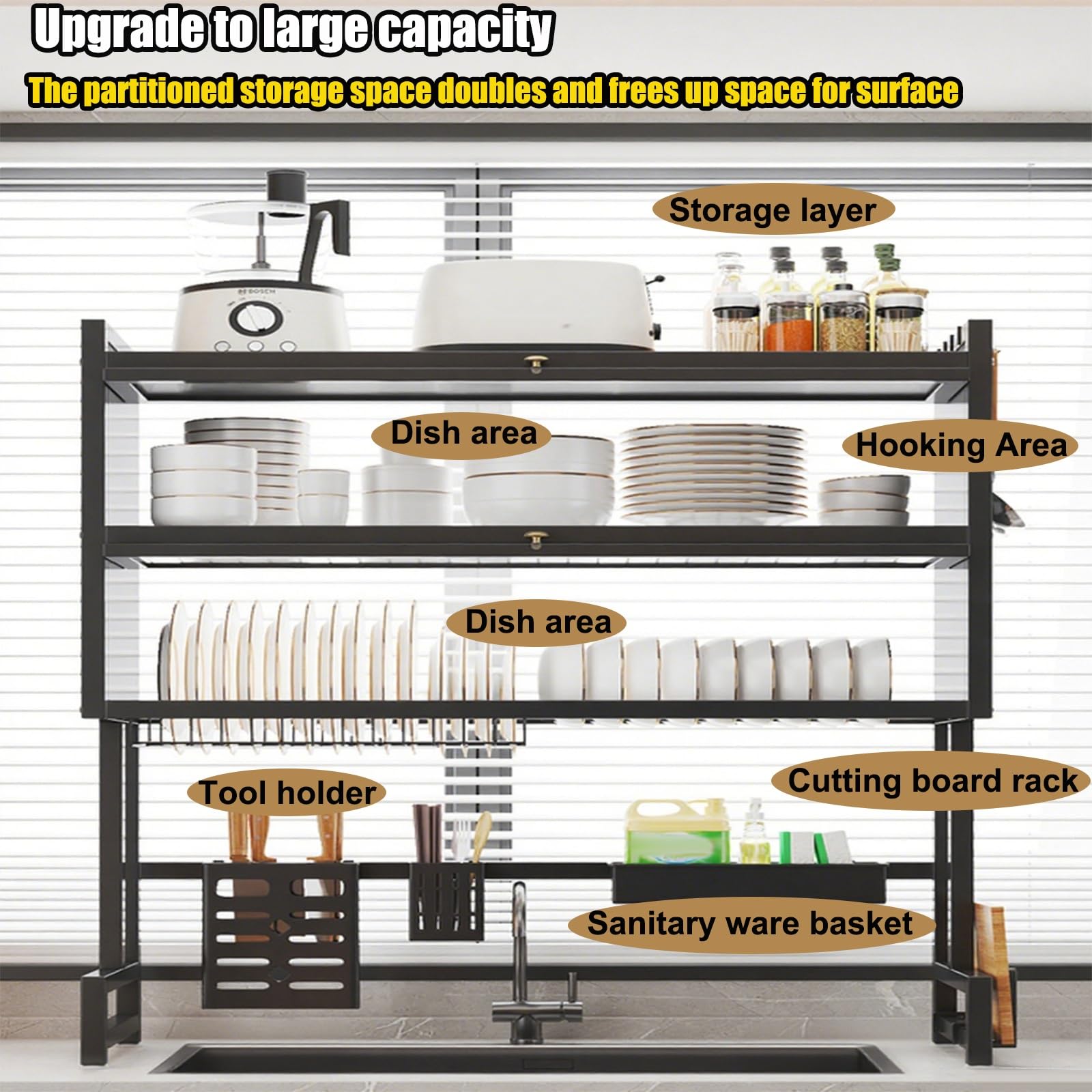 Abtropfgestell aus Metall für Küchenspüle, 3-stöckig, Organizer mit magnetischer Tür und Deckel, platzsparend, schwarz, 65 cm, langlebig und stilvoll