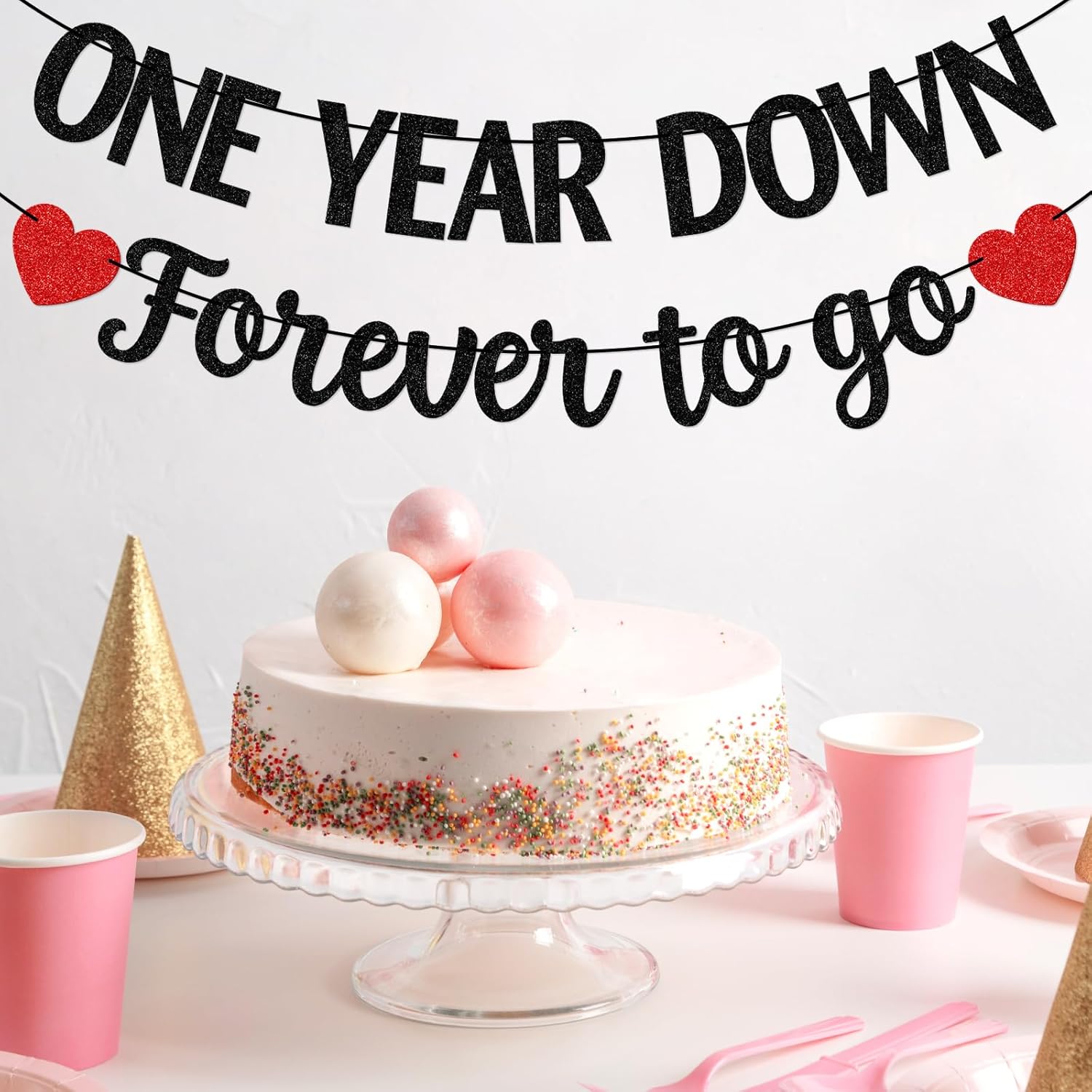 One Year Down Forever to Go Banner - Happy Anniversary Decorations - 1 Year Anniversary Decorations - Black Glitter
