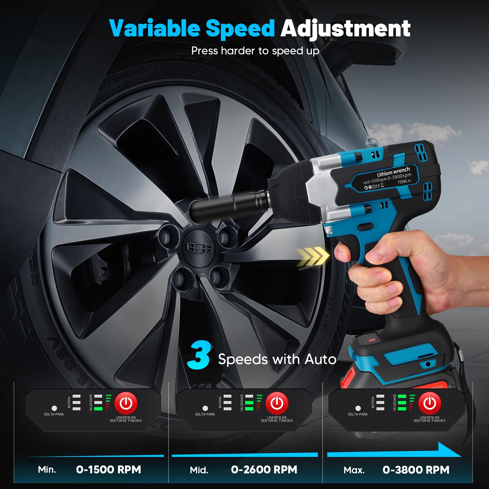 Avvitatore a impulsi 700N, con 2 batterie, 3 Velocità variabili, Arresto freno, LED Avvitatore a percussione, Avvitatore impulsi batteria, per riparazioni auto, Fai da te