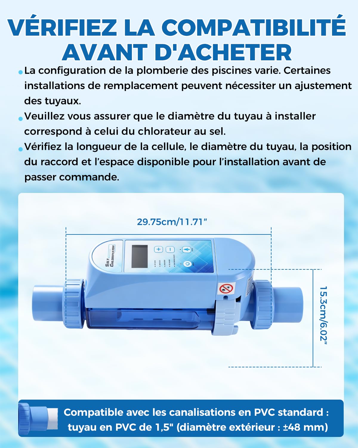 YUCHENGTECH Électrolyseur Piscine au Sel 50 m³ pour Piscines Enterrées | Chlorateur de Sel de Piscine 12 g/h Avec Cellule en Titane, Panneau de Commande à LED et Fonction D'autonettoyage
