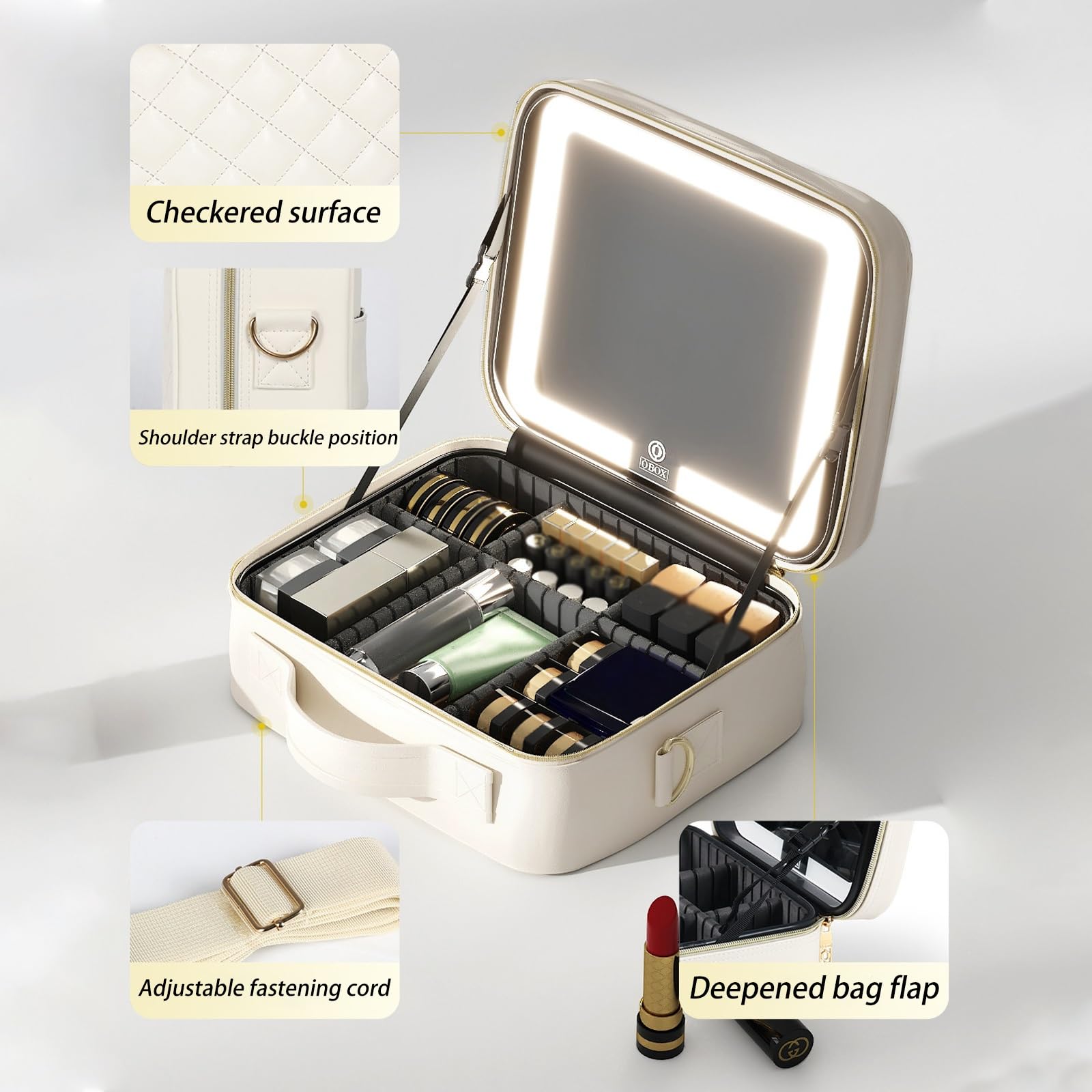 Borsa Per Il Trucco Di Grande Capacità Con Specchio LED, Custodia Per Il Trucco Professionale Con Luci A 3 Colori, Specchio Cosmetico Staccabile，Beauty Case Da Viaggio