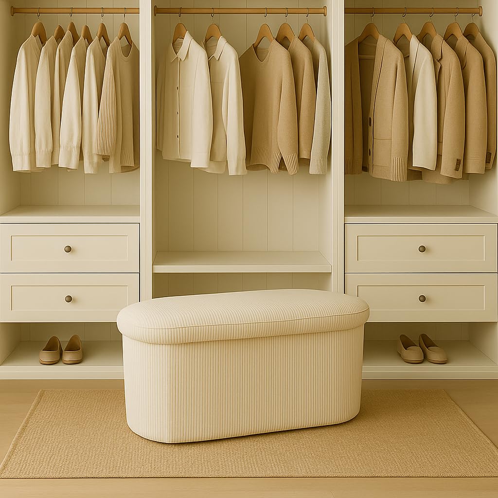 Puff Almacenaje Pana - Baul Almacenaje Dormitorio, Banco Zapatero con Asiento, Taburete Tocador, Puff Salon, Banco Recibidor, Taburete Almacenaje, Otomana, 76x38x38 cm, Blanco