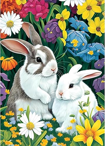 SENQAO Kit de pintura de diamante de conejo, kit de pintura de diamantes de flores 5D, arte de diamantes de taladro completo para adultos y niños,
