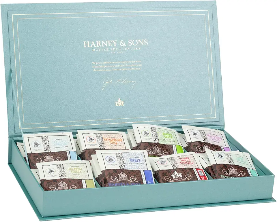 Harney &amp; Sons Teal Tea Chest Gift, Featuring 8 Wrapped Sachet Flavors