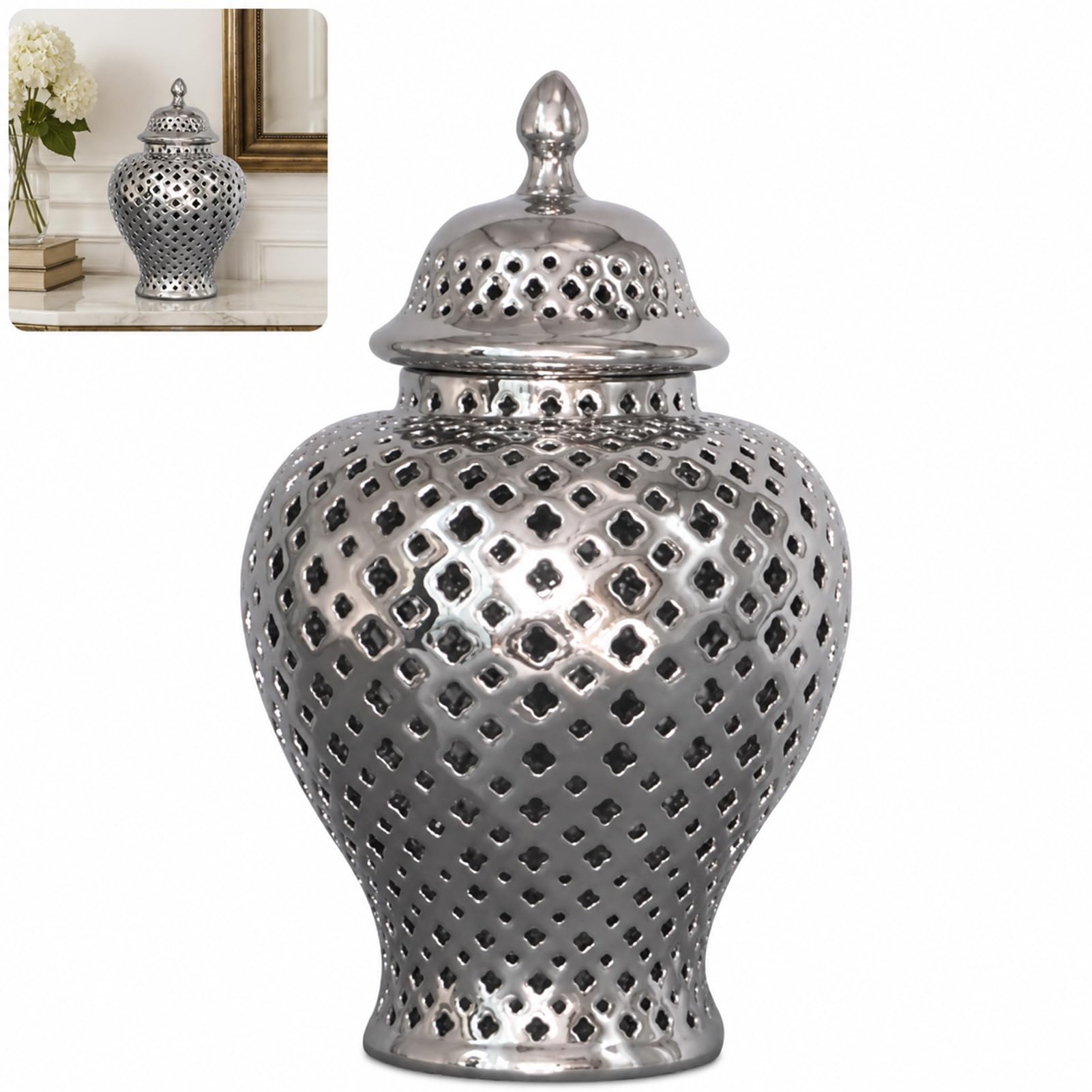 Vintage Ginger Jar With Lid Carved Lattice Decorative Temple Jars Stunning Home Decor Intricate (23 * 38cm,silver)