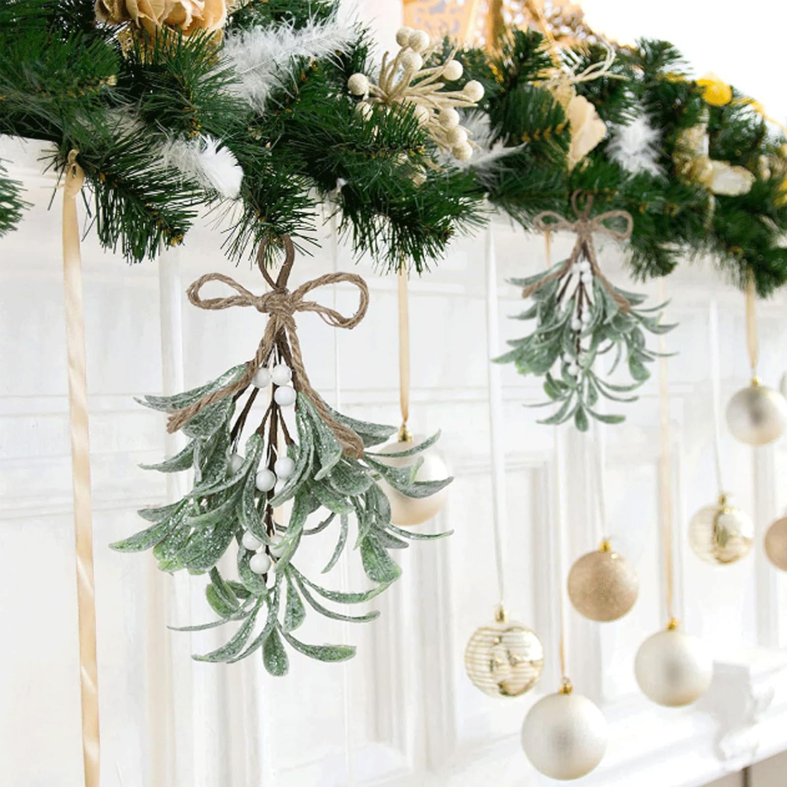 5 Stück Weihnachtskranz, verschneite Mistelzweig-Dekoration, glitzernde Heimdekoration, Festliche künstliche Nachahmung von Pflanzen