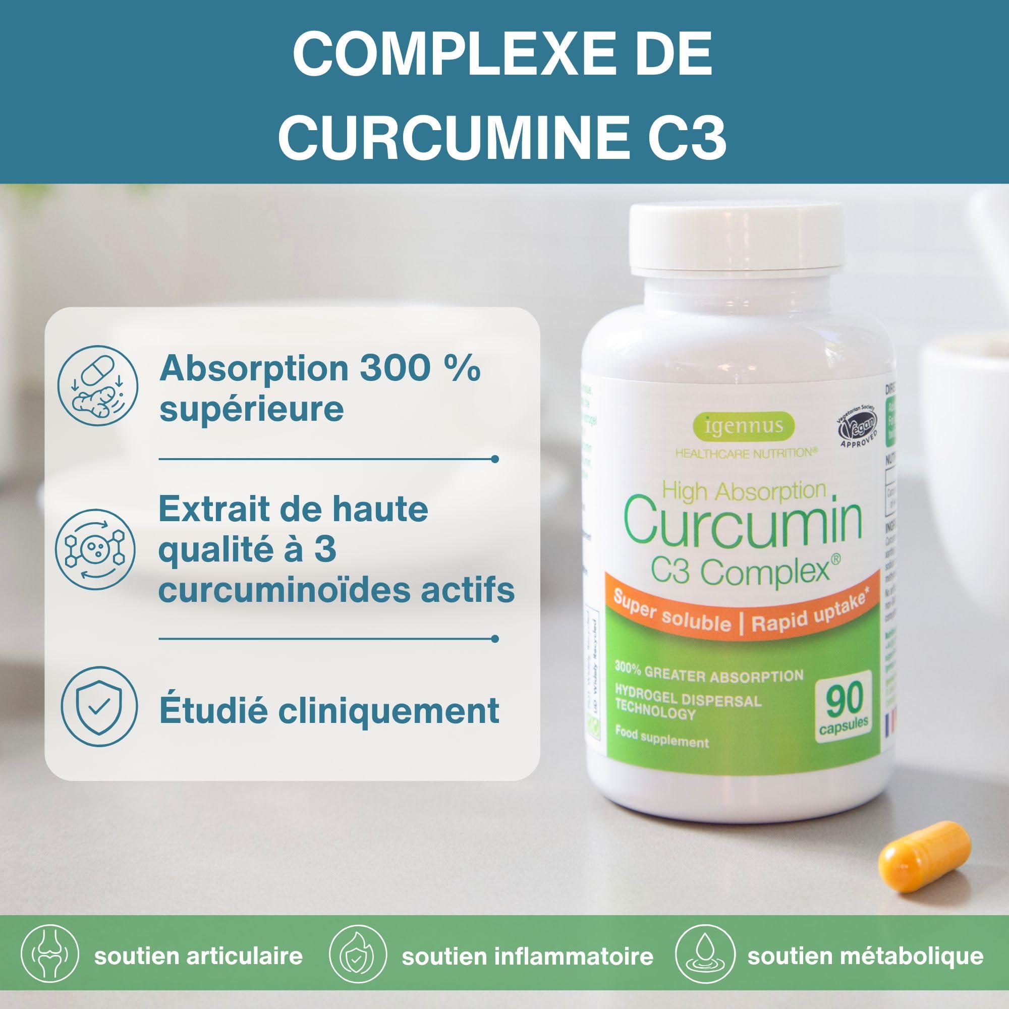 Igennus Curcumine C3 Complex Haute Qualité, Extrait Cliniquement Étudié Technologie Hydrogel Biodisponibilité Optimisée, 1 Gélule par Jour, 90 Gélules Véganes Clean Label