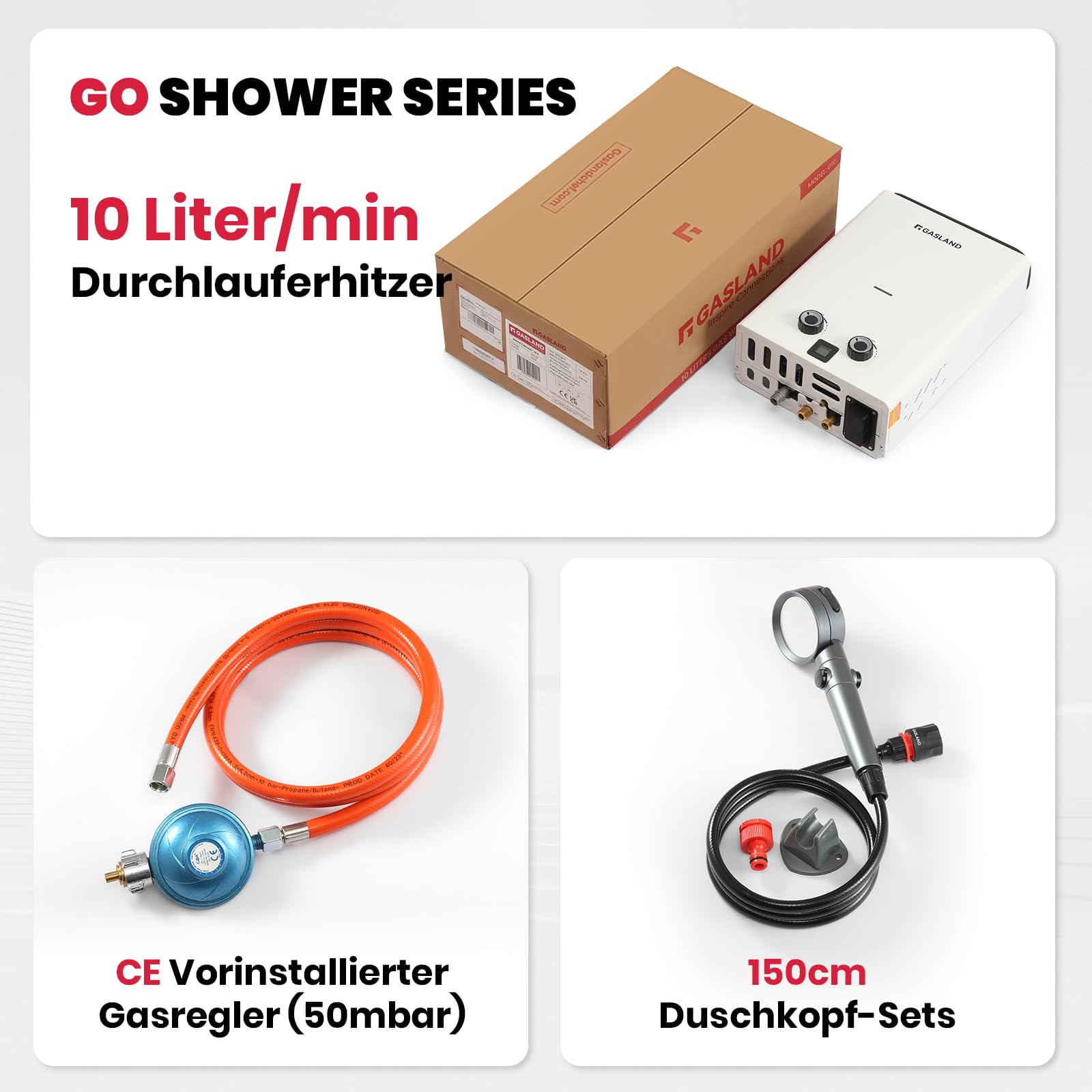 GASLAND Go Shower Series Durchlauferhitzer G10, ultraschlanker tragbarer 10 Liter Gas Warmwasserbereiter für den Außenbereich, Butan (50mbar)/Propan (50mbar), für Camping, Wohnmobil, Scheune
