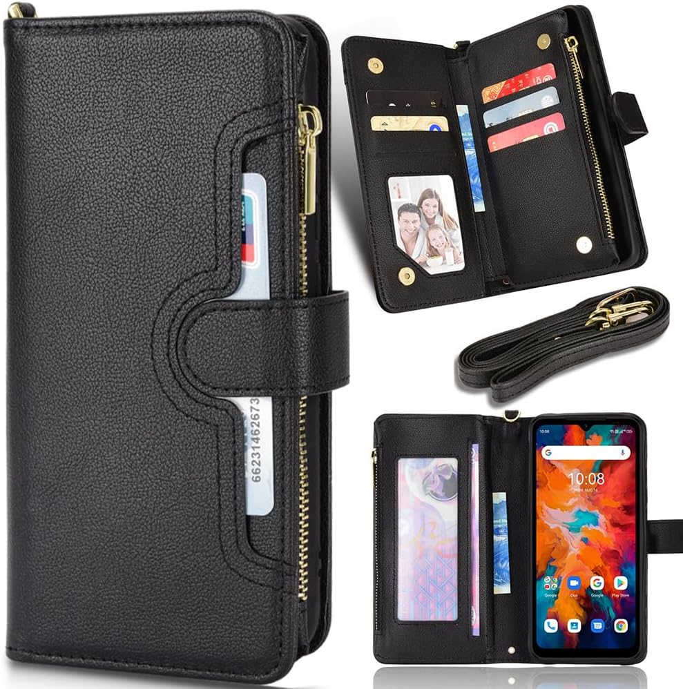 Zipper Wallet Case Wallet Case for Doogee S88 Pro/S88 Plus, Zipper Pocket and Card Slot Cover, Wallet Magnetic Cover for Doogee S88 Pro/S88 Plus-Black