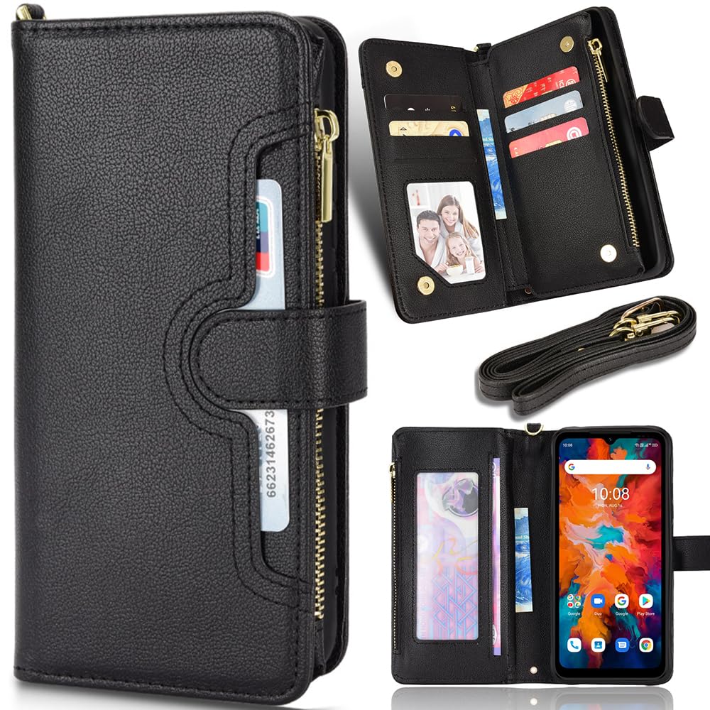 Zipper Wallet Case Wallet Case for Doogee S88 Pro/S88 Plus, Zipper Pocket and Card Slot Cover, Wallet Magnetic Cover for Doogee S88 Pro/S88 Plus-Black