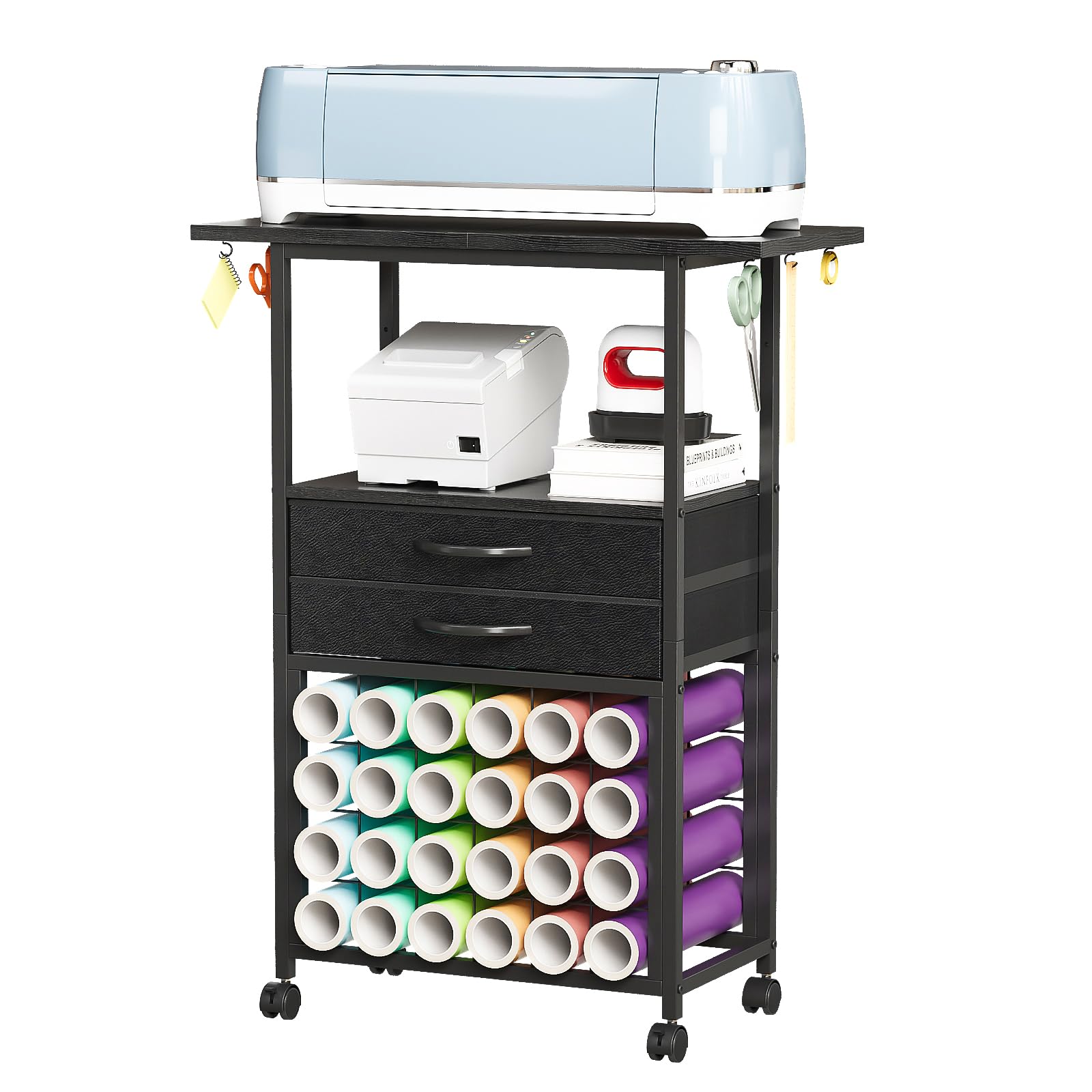 VENNQD Organizer and Storage Stand Compatible with Cricut Machines,Rolling Storage Cart/Shelf with 24 Vinyl Roll Holders,2 Fabric Drawer,Accessories Holder,Tool Hook for Craft Room Home (Black)