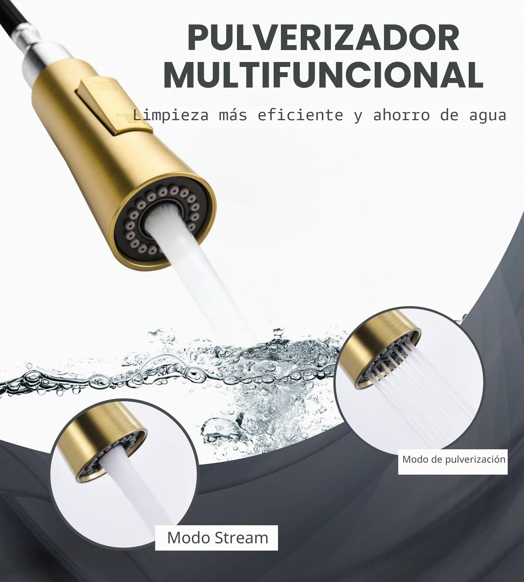 Tohlar Grifo de cocina dorado con rociador extraíble, grifo mezclador de acero inoxidable en acabado dorado cepillado