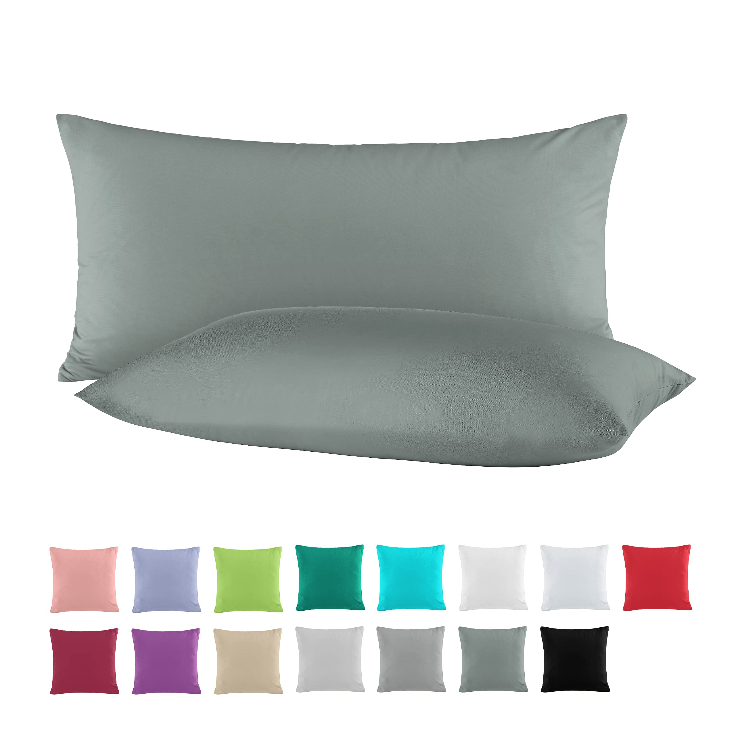 Lot de 2 taies d'oreiller en coton renforcé - 40 x 80 cm - 13 couleurs modernes, 100 % coton, anthracite, 40 x 80 cm