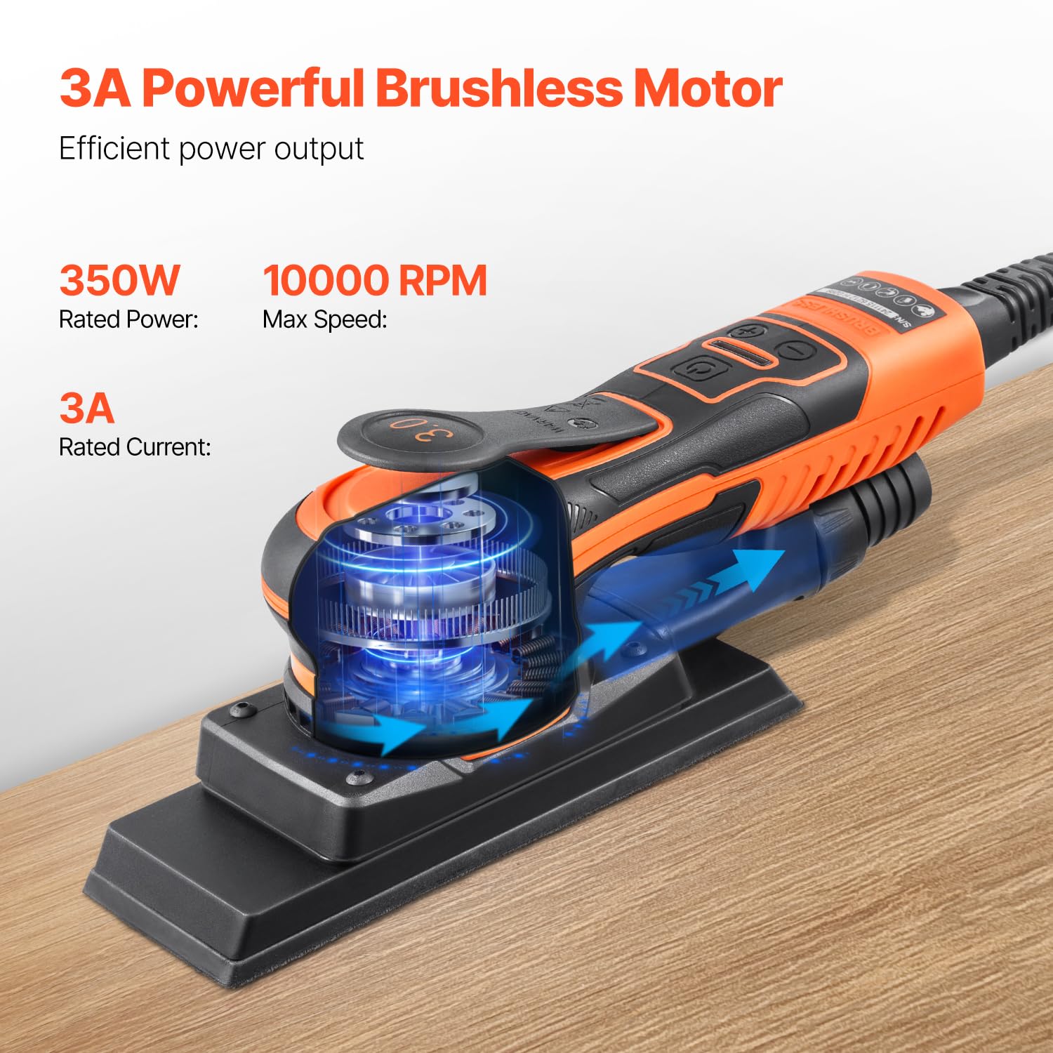 Happybuy Sheet Sander, 3/8 Sheet 3A EC Brushless Sander, Max. 10000RPM Variable Speed Sheet Finishing Sander with 10PCS Sandpapers and Vacuum Adapter for Woodworking