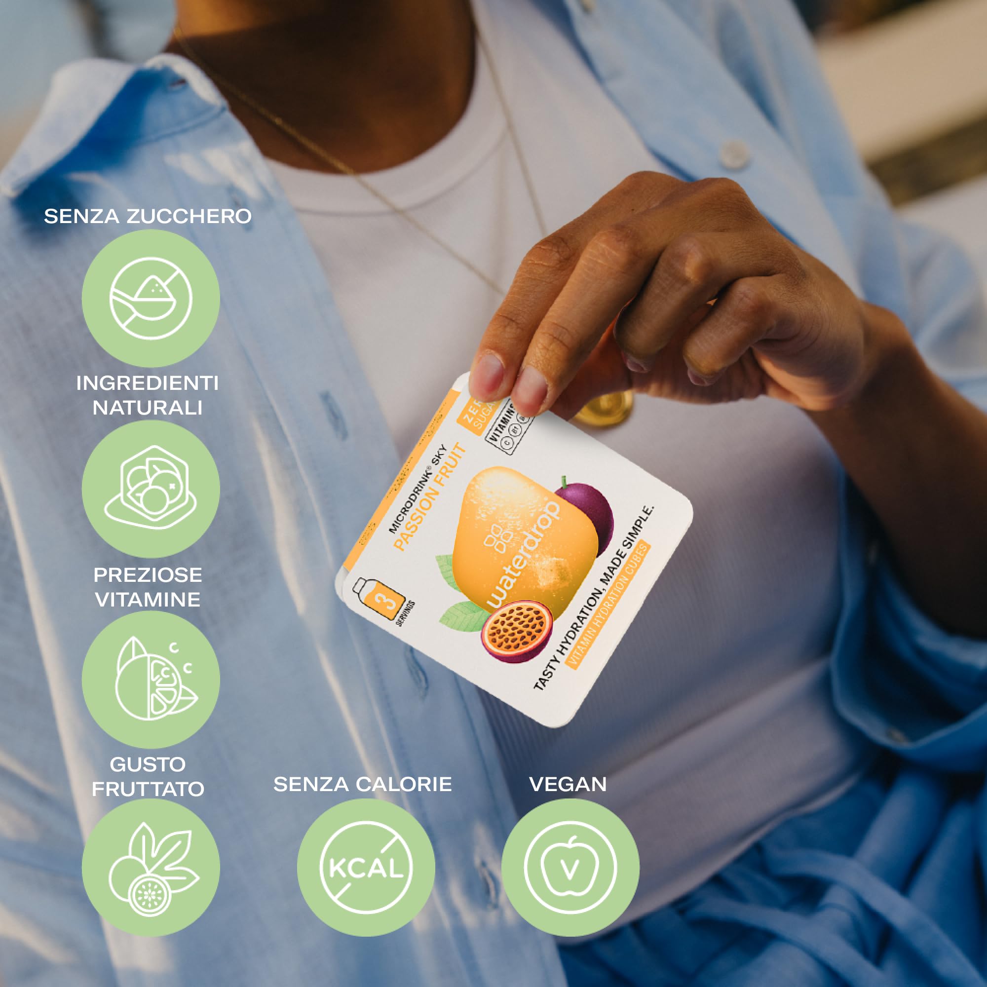 waterdrop® Set Scoperta, Borraccia in Vetro 600ml + 18 cubetti per acqua, Set Confezione Regalo per Donna e Uomo, Degustazione: 6 gusti aromatizzanti, 0 zucchero, Bottiglia per acqua