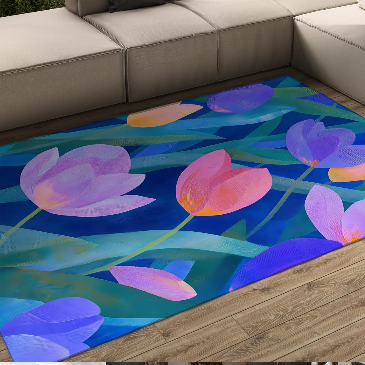 Tapis 100x150cm bleu fleuri bohème antidérapant à poil bas pour salon