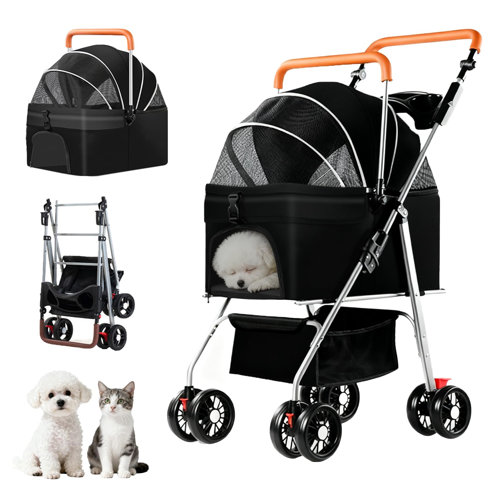Simanli Pet Stroller for Small Dogs Cats Foldable Travel Portable Puppy Trolley with Removable Carrier 4 Wheels for Travel Camping Walk with Storage Bag(Black)