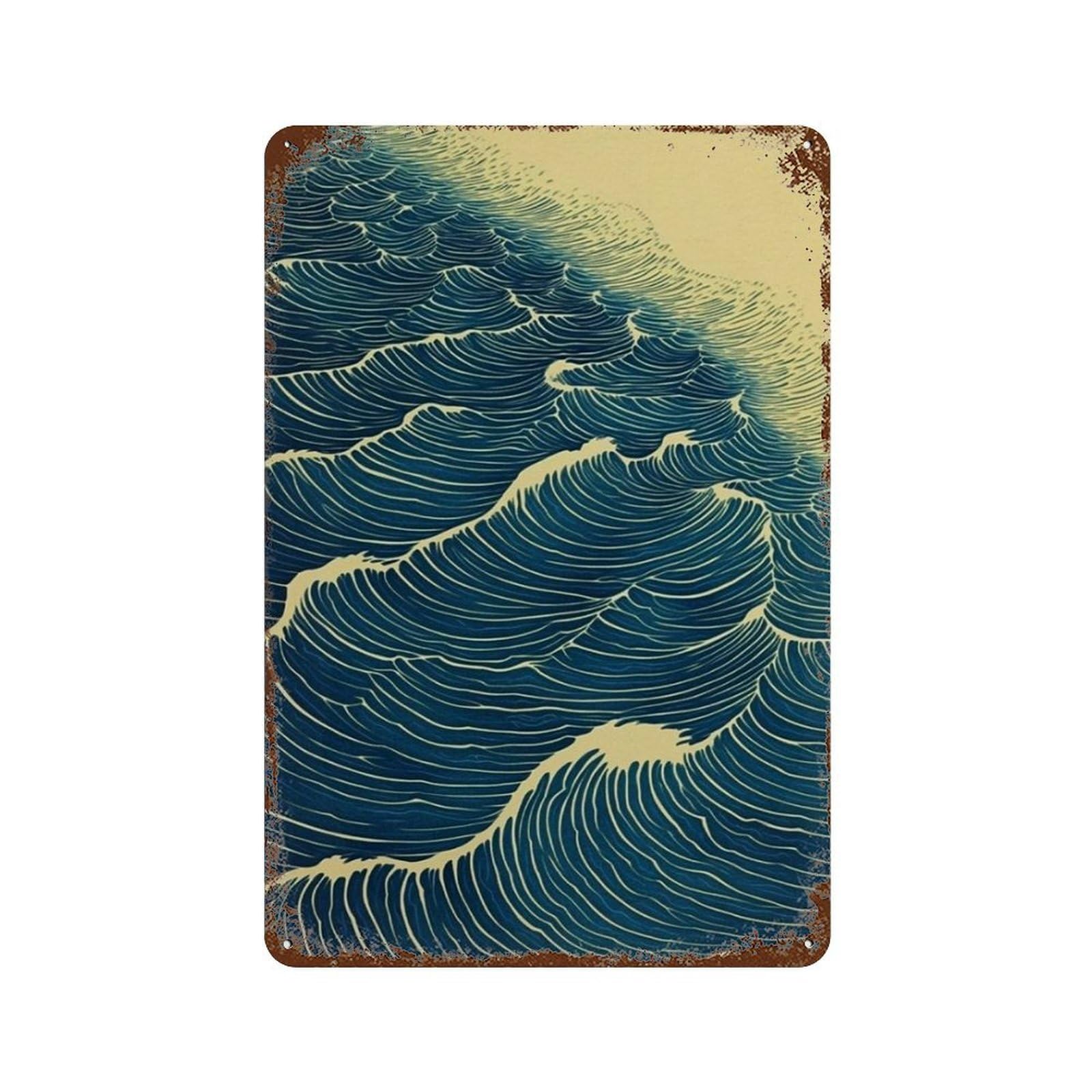 xiaoxiaoshen Ocean Waves Japanese Style Coastal Navy Blue Wave Pattern Minimal Sea Work Wall Decor Art Metal Tin Poster Modern Home Decor Art Home Bar Shop Decorations Vintage Sign 30x20cm