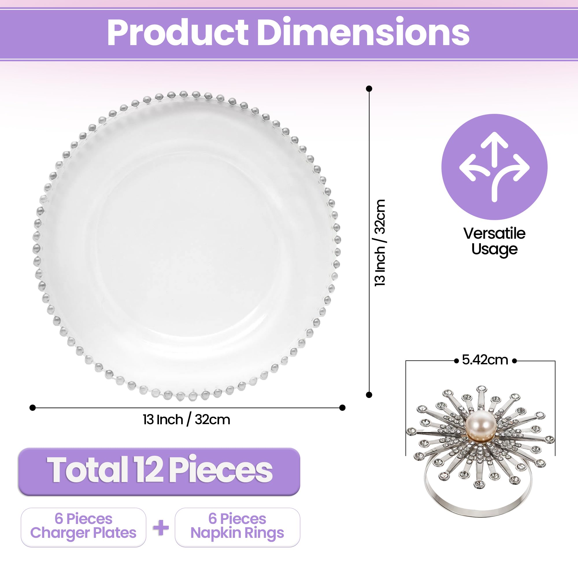 Juego de platos de cristal transparente con borde de cuentas plateadas y servilleteros con diamantes de perla, elegantes cargadores de 33 cm para bodas, fiestas, banquetes, eventos y decoración de
