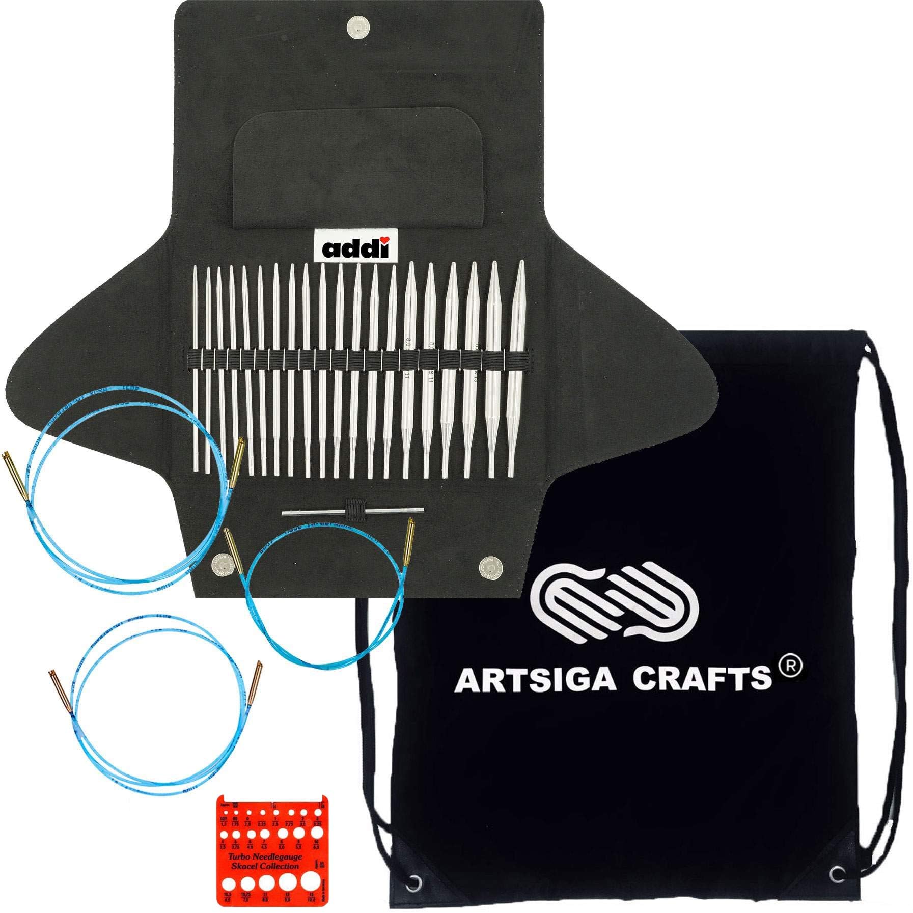 Click Turbo Basic 5-Inch Interchangeable Circular Knitting Needle Set Sizes US 4, 5, 6, 7, 8, 9, 10, 11, 13 and 15 with 3 Blue Cords, Black Canvas Case with Project Bag