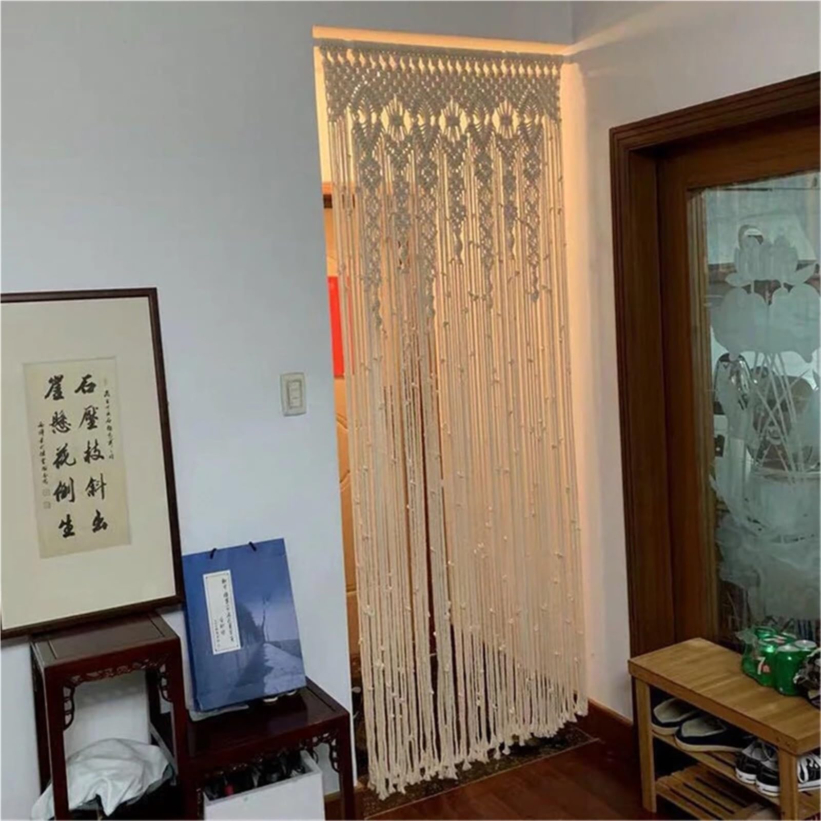 Rideau en Macramé Grand Rideau de Porte en Coton macramé tissé à la Main avec Pompons, Tapisserie Murale, décoration Artistique, Toile de Fond de Mariage pour La Chambre à Coucher