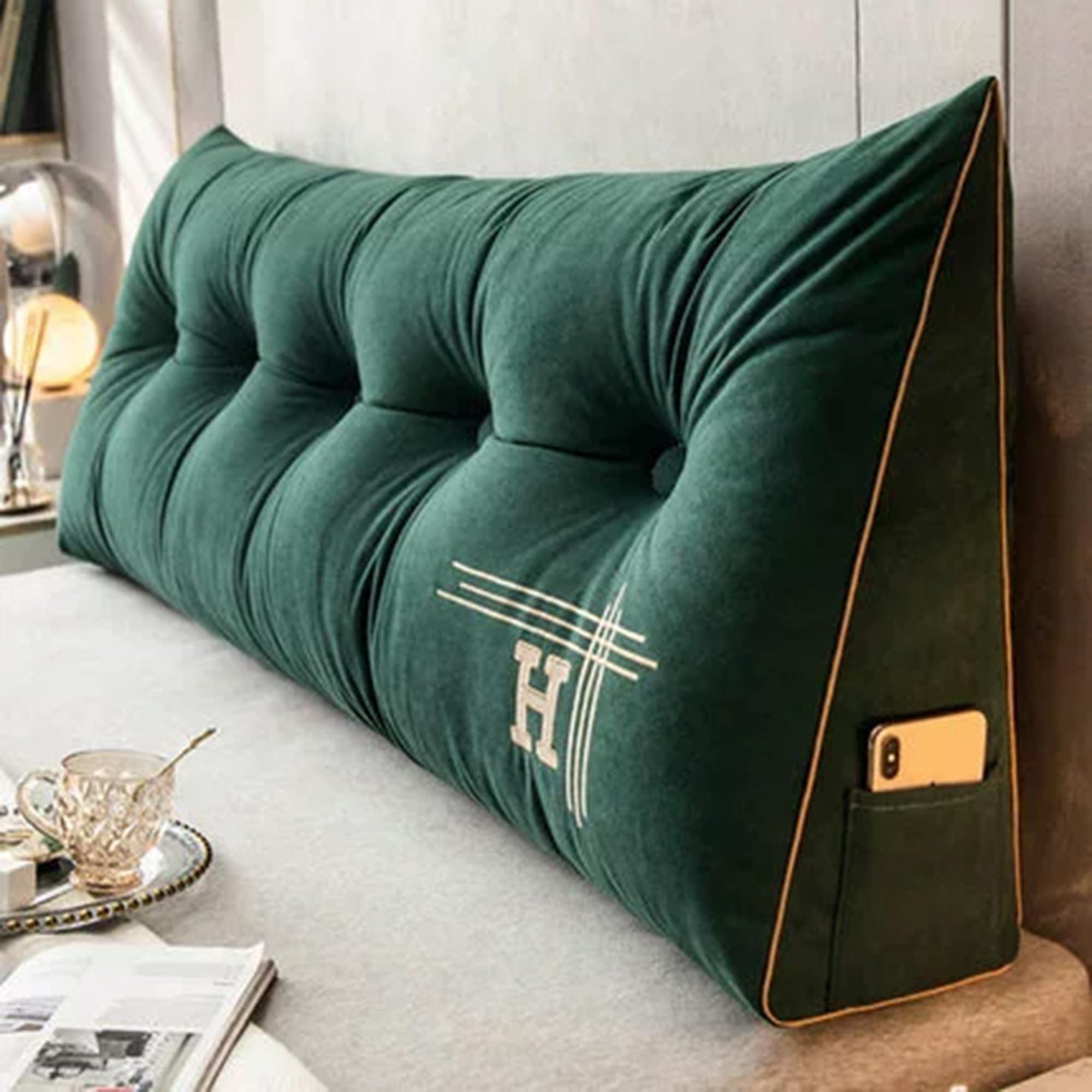 DUOLEH Lumbar Support Cushion Waist Backrest, Triangular Wedge Headboard, Bed Rest Reading Pillow with Pocket & Zipper, Removable Wedge Pillow Support Cushion (100x50x20cm,Green)