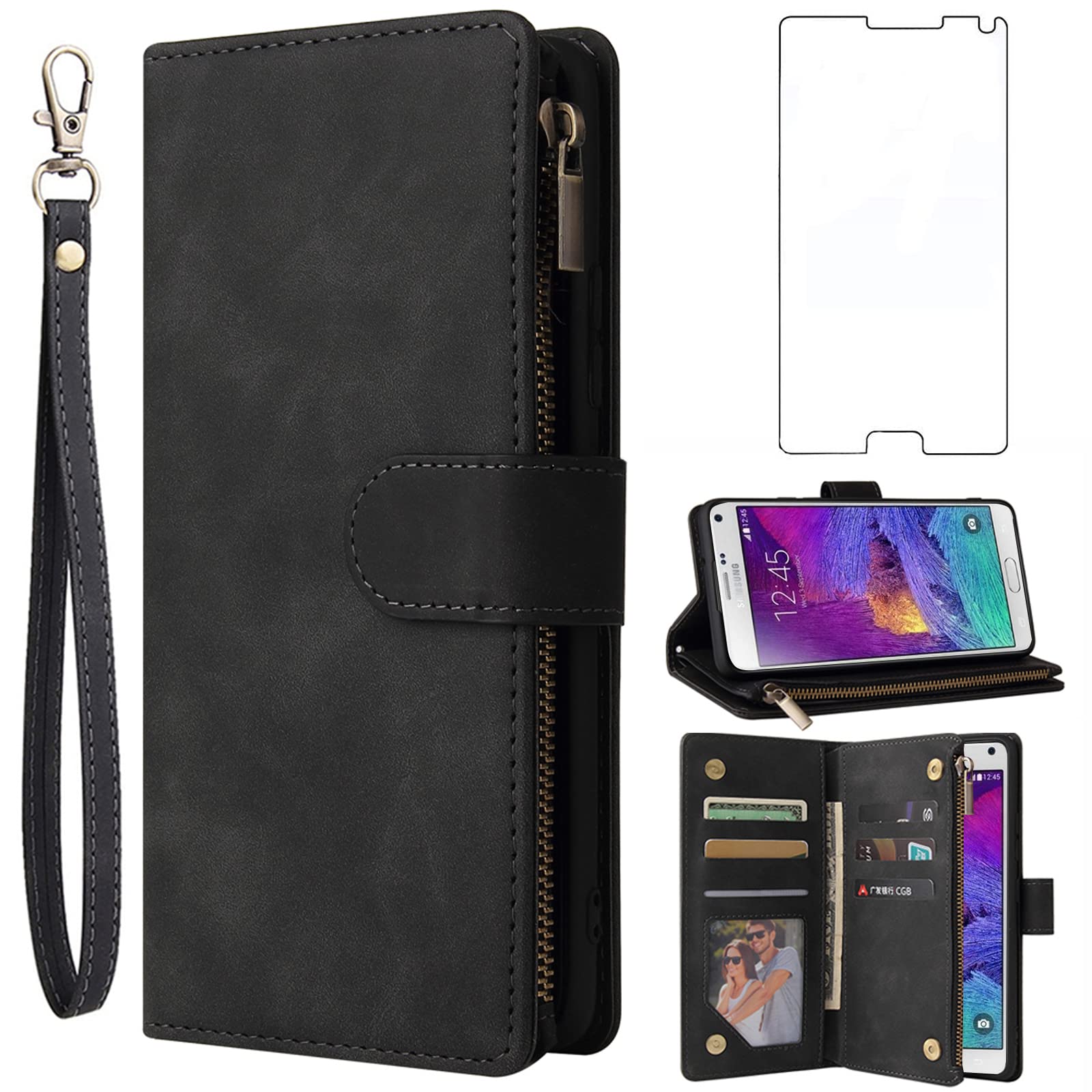 AsuwishCompatible with Samsung Galaxy Note 4 Wallet Case Tempered Glass Screen Protector and Flip Cover Card Holder Stand Cell Phone Cases for Glaxay Note4 Gaxaly N910A Not Notes Four Women Men Black