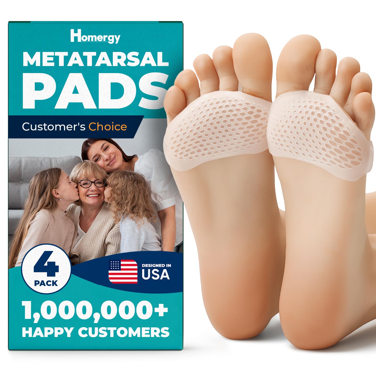 Homergy Metatarsal Foot Pads - Soft Gel Ball of Foot Cushions for Pain Relief, Ultra-Thin Sleeve Design, Stays in Place, Breathable & Reusable - Fits
