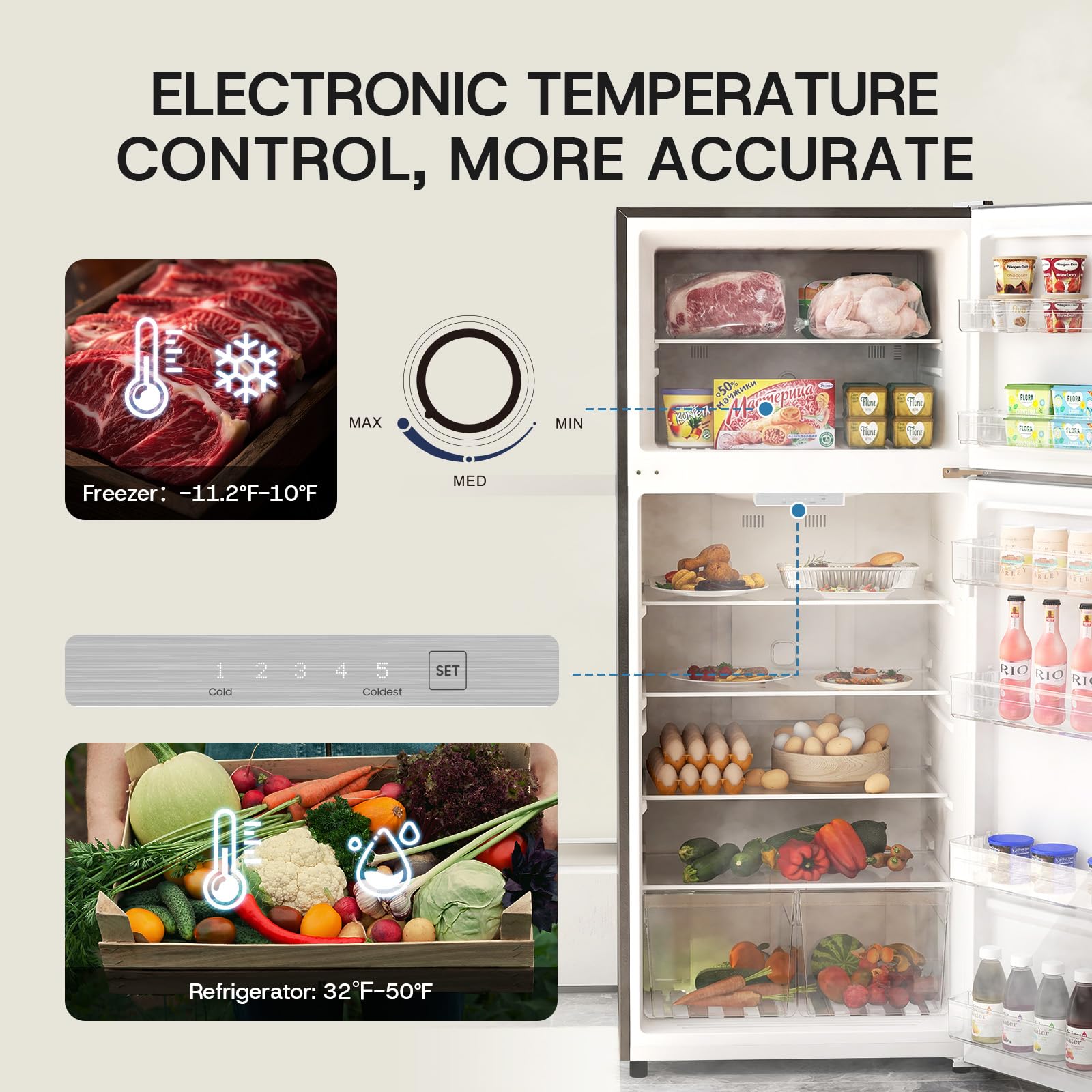 Upstreman 14.6 Cu.Ft. Refrigerator With Top Freezer, 2 Door Fridge With Electronic Thermostat, Energy Star, Low Noise, Frost Free Top Freezer Refrigerator, Reversible Door, Stainless Steel-Bd146 on Fridge.com - View 3