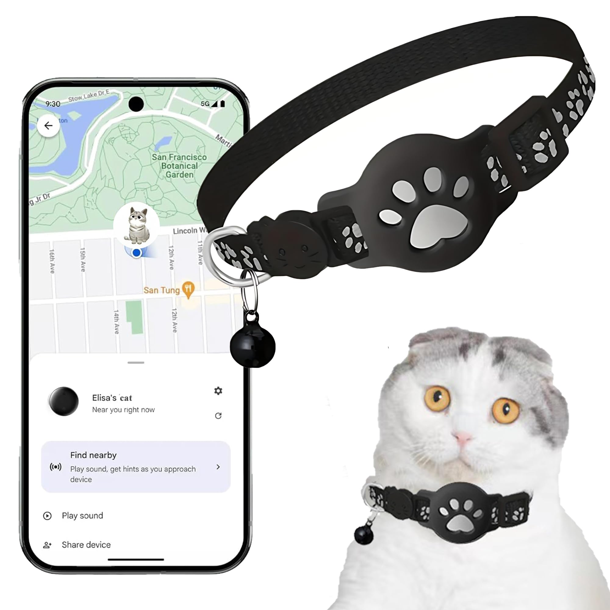Cat Tracker Collar for Small Cats - Real Time Cat GPS Tracker No Monthly Fee, Pet Tracker for Cats Works with goo- gle Find My Device (Only Android), No SIM Required (Collar + white tracker)