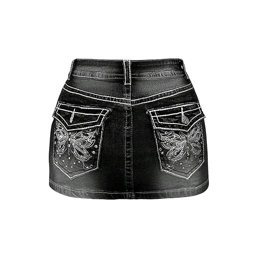 WDIRARA Women's Low Rise Butterfly Embroidery Bodycon Mini Denim Skirt Y2k Jean Skirt