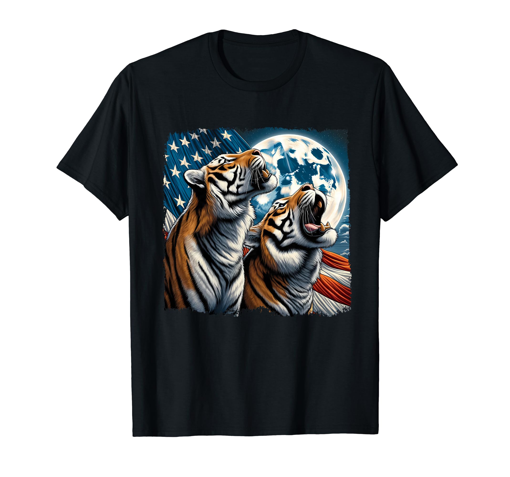 Tiger 4th of July American Flag Howling Tigers Under Moon T-Shirt