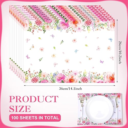 Miniatura 3 de Moinchore Paquete de 100 manteles individuales desechables de papel floral de acuarela con flores rosas, manteles individuales decorativos de